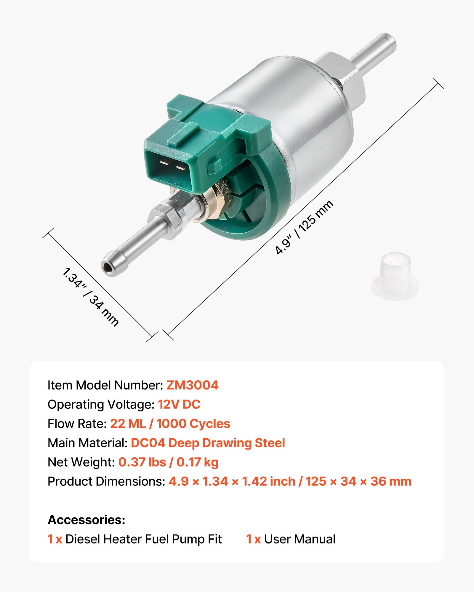VEVOR Bomba de Combustible para Calentador Diésel, 22 ml de Aire, Compatible con Calentadores de Estacionamiento de 2 kW, 5 kW y 8 kW, Diseño Silencioso y Tecnología de Pulsos, 125 x 34 x 36 mm