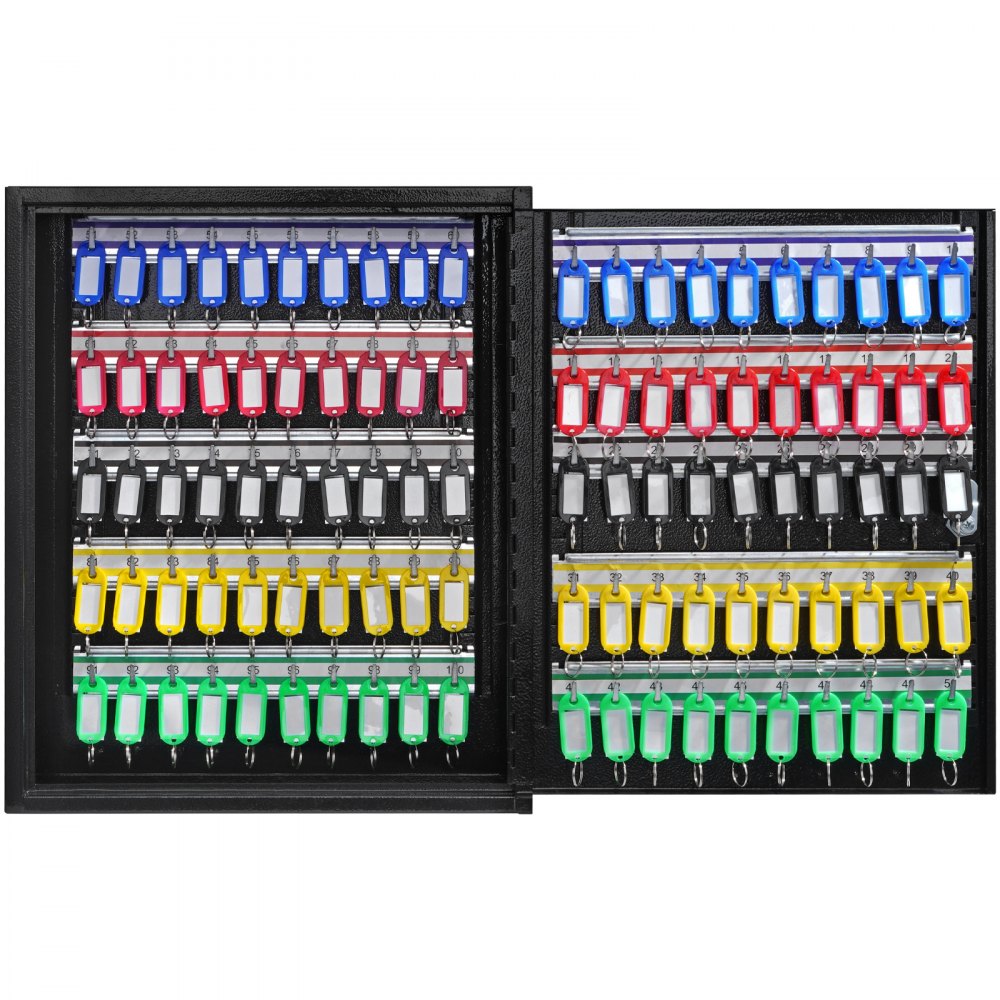 Armario para llaves VEVOR con múltiples filas de etiquetas para llaves de colores, perfectamente organizadas en ganchos.