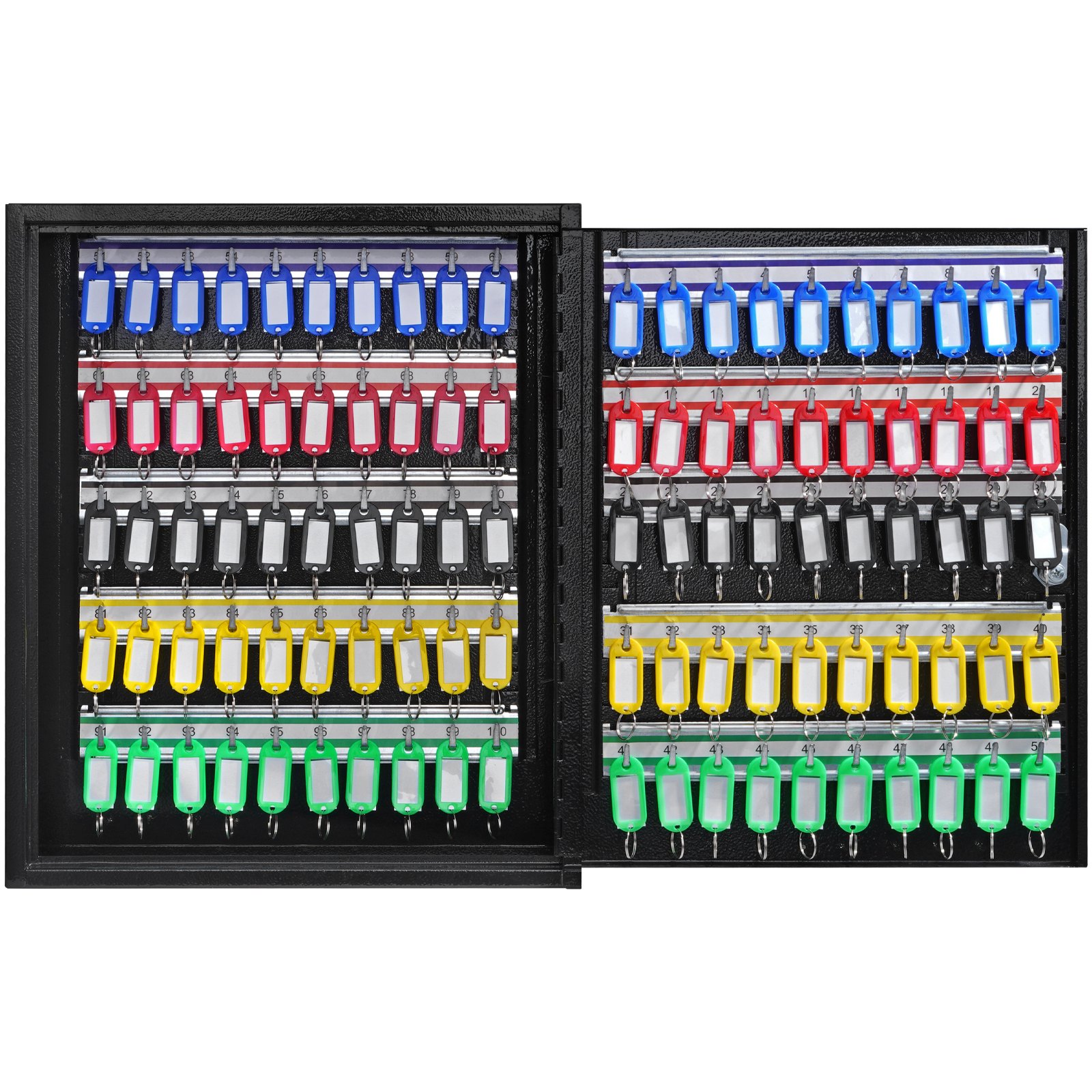 Armario para llaves VEVOR con múltiples filas de etiquetas para llaves de colores, perfectamente organizadas en ganchos.