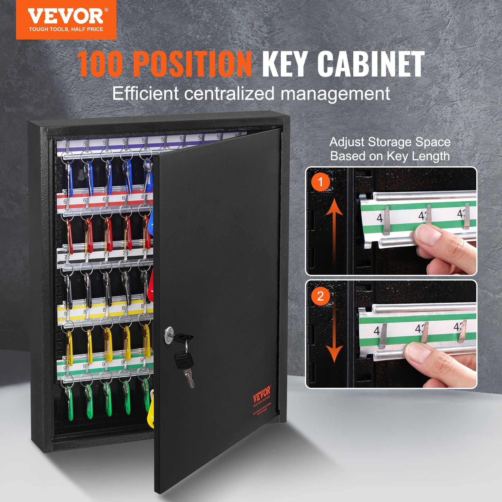 VEVOR Key Cabinet, Key Box for 100 Keys, Black, Adjustable Key Safe, Lockable Key Cabinet with 10 Key Holders, 2 Keys & 2 Index Cards
