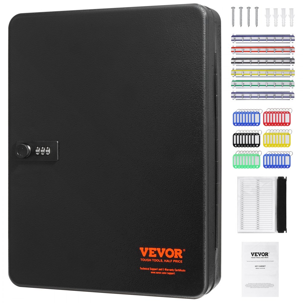 Gabinete de llaves VEVOR negro con cerradura de combinación, etiquetas de llaves de colores, tornillos y etiquetas para organización.