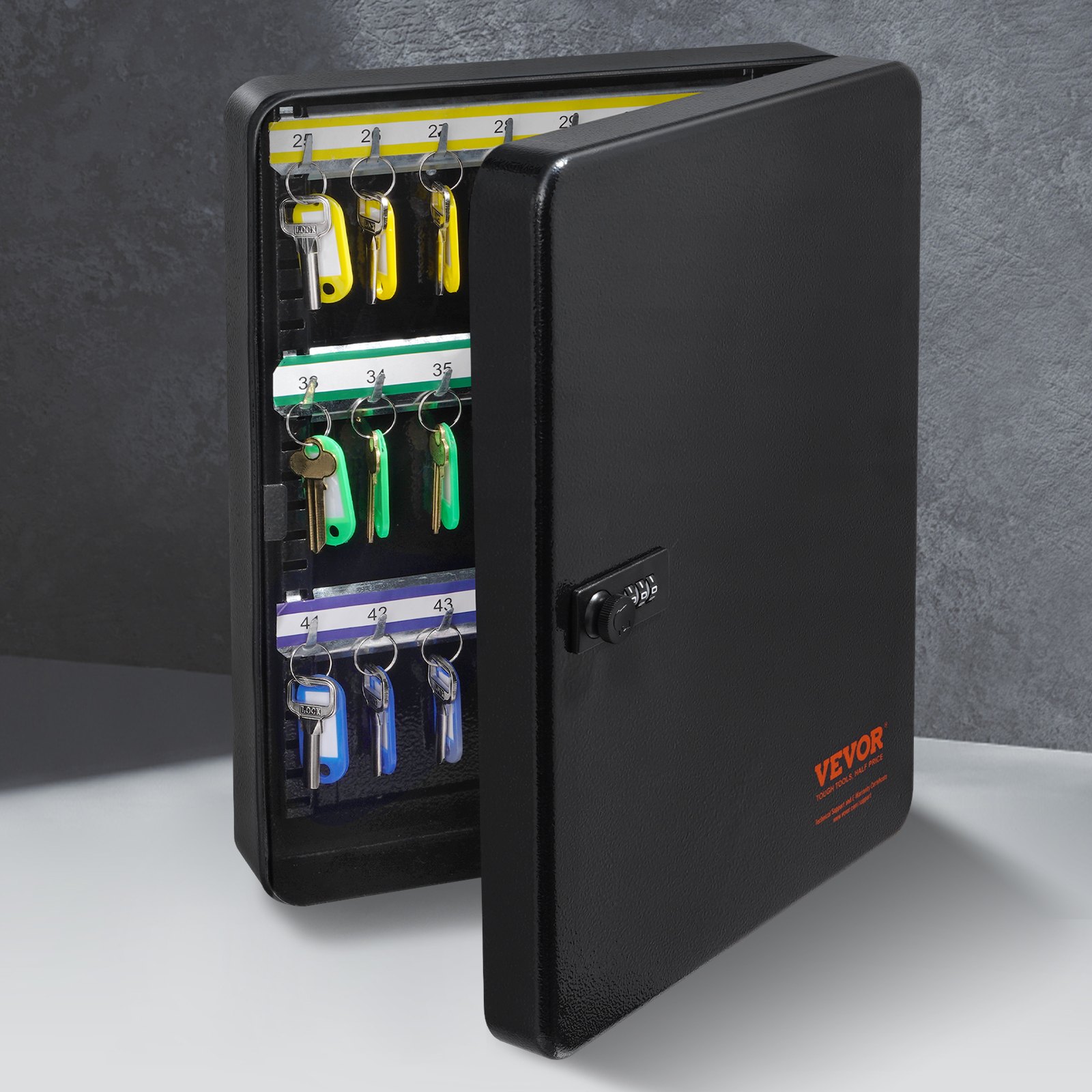 Armario para llaves VEVOR con cerradura de combinación, contiene llaves codificadas por colores, metal negro, abierto sobre fondo gris.