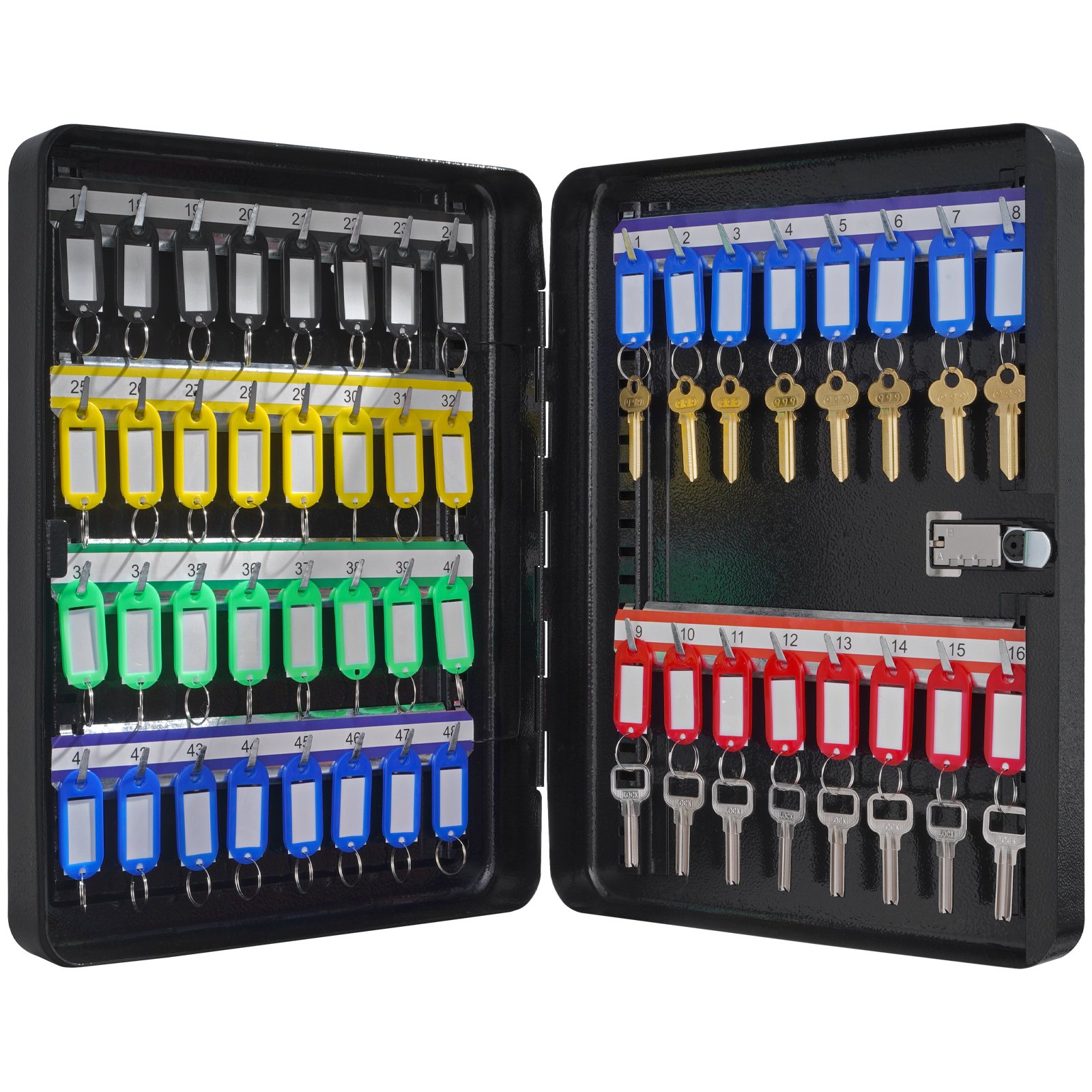Armario para llaves VEVOR con etiquetas de llaves de colores, organizadas en filas dentro de una caja de metal negra cerrada.