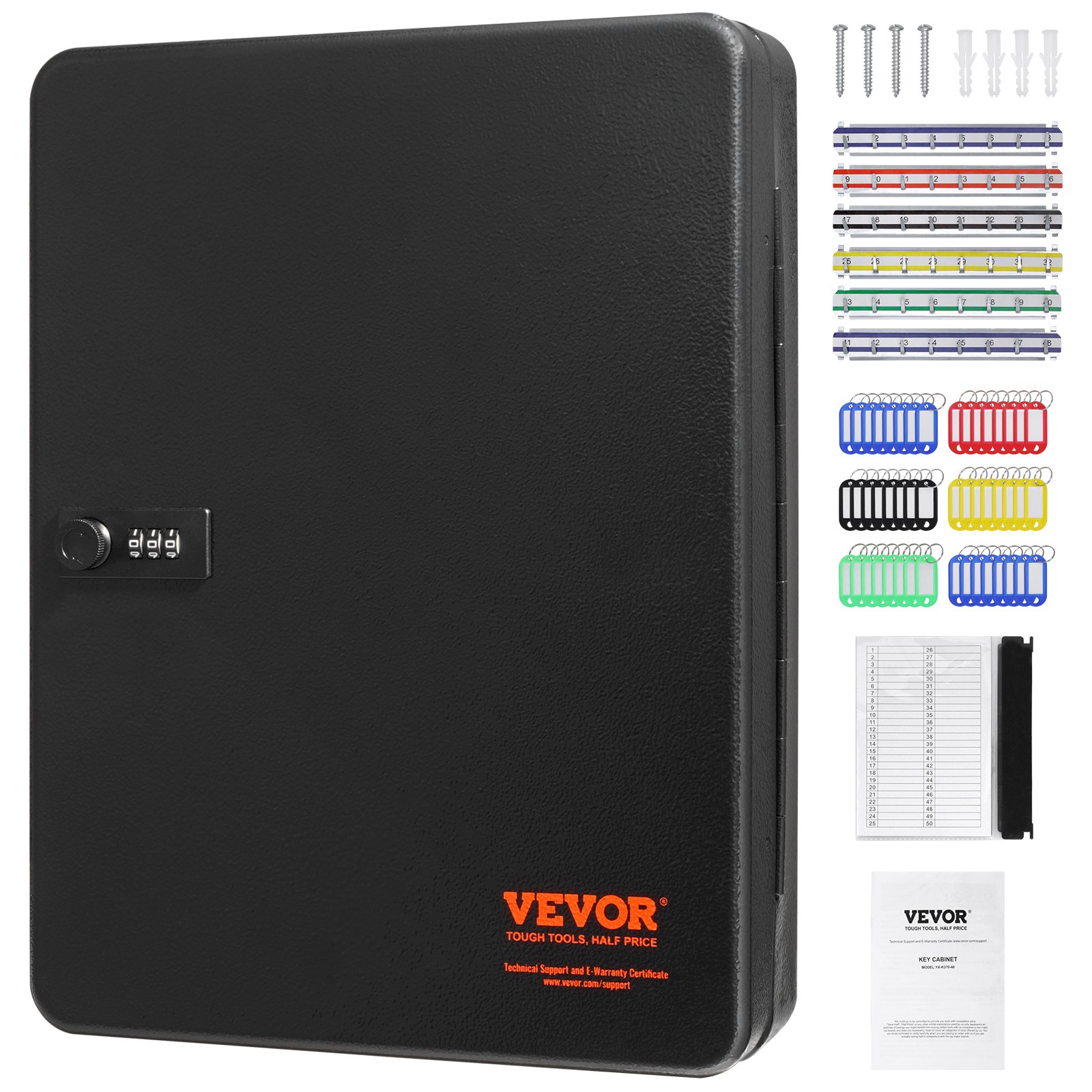 Gabinete de llaves VEVOR negro con cerradura de combinación, etiquetas de llaves de colores, tornillos y etiquetas para organización.