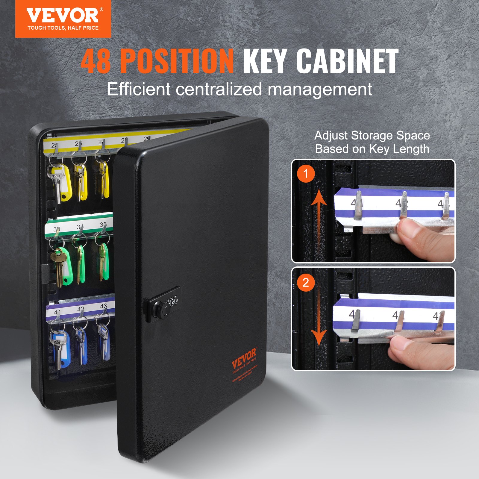 VEVOR Key Cabinet, Key Box, 48 Keys, Black, Adjustable Key Safe, Lockable Key Cabinet with 6 Key Holders, 2 Keys & 1 Index Card