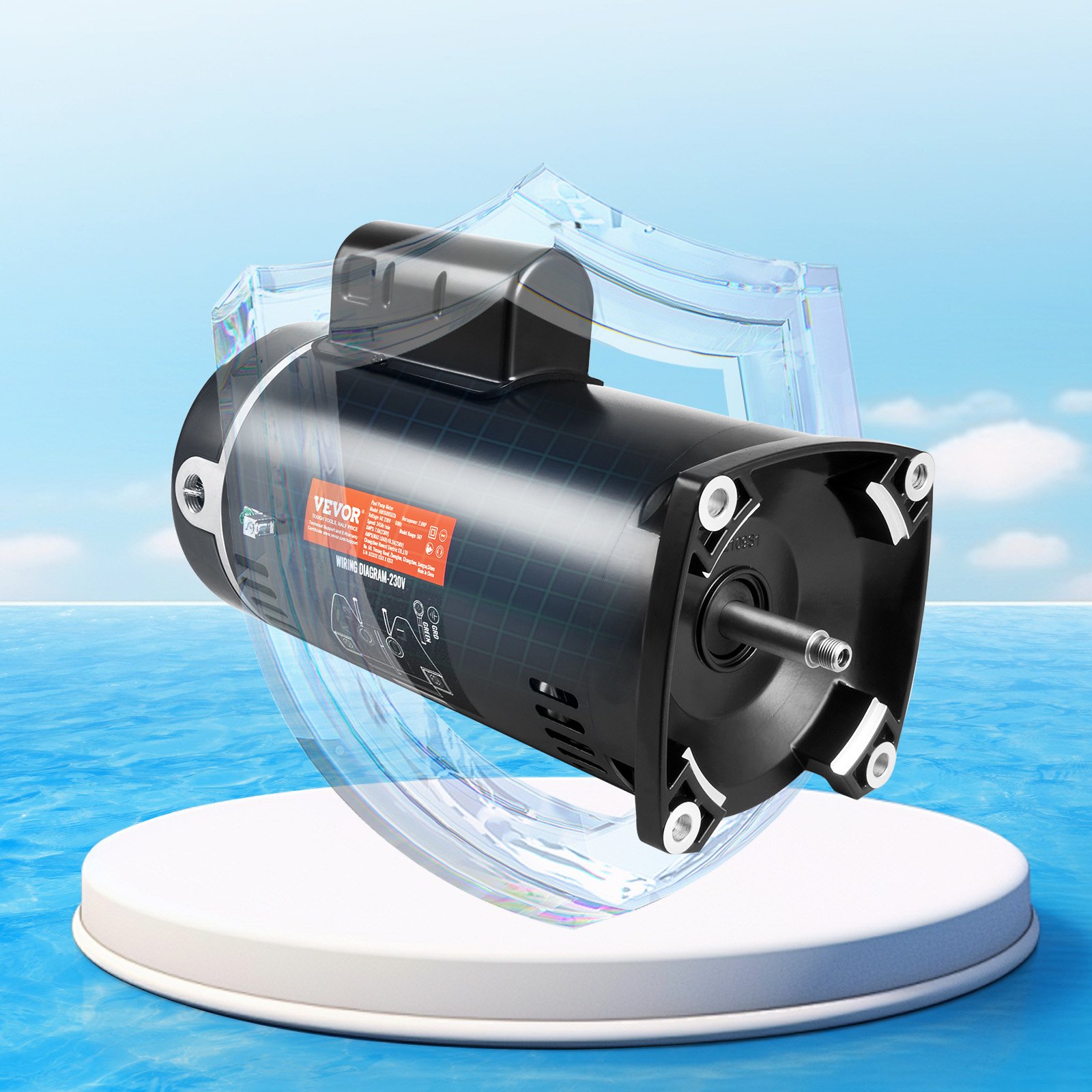 VEVOR 2 HP Pool Pump Motor, 56Y Frame, 230V (7.8 Amps) 3450 RPM, 60Hz, 1.3 Duty Factor, 50μF/250V Capacitor, Left-Hand Rotation Square Flange Replacement Motor