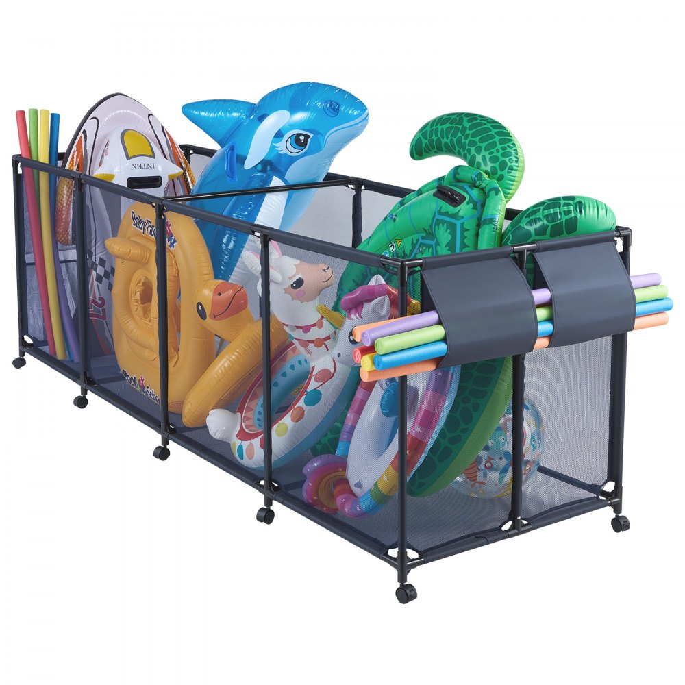 VEVOR Contenedor de Almacenamiento para Piscina, 262 x 81,5 x 89 cm, Cesta de Malla, con Bolsillos Laterales Soporte para Fideos Flotadores, Marco Metálico, Organizador para Accesorios de Natación