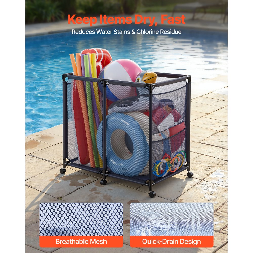 VEVOR Contenedor de Almacenamiento de Piscina 93,5 x 61 x 90,4, Caja de Almacenamiento para Flotadores con Ruedas, Marco Metálico Resistente, Cesta de Malla para Juguetes, Inflables, Pelotas