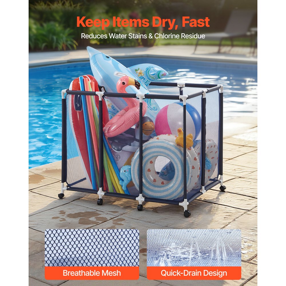 VEVOR Contenedor de Almacenamiento para Piscina, 122 x 84 x 99 cm, Organizador de Cesta de Malla, Marco Plástico, con Ruedas con Freno, Gran Capacidad para Equipos de Natación Juguetes Flotadores