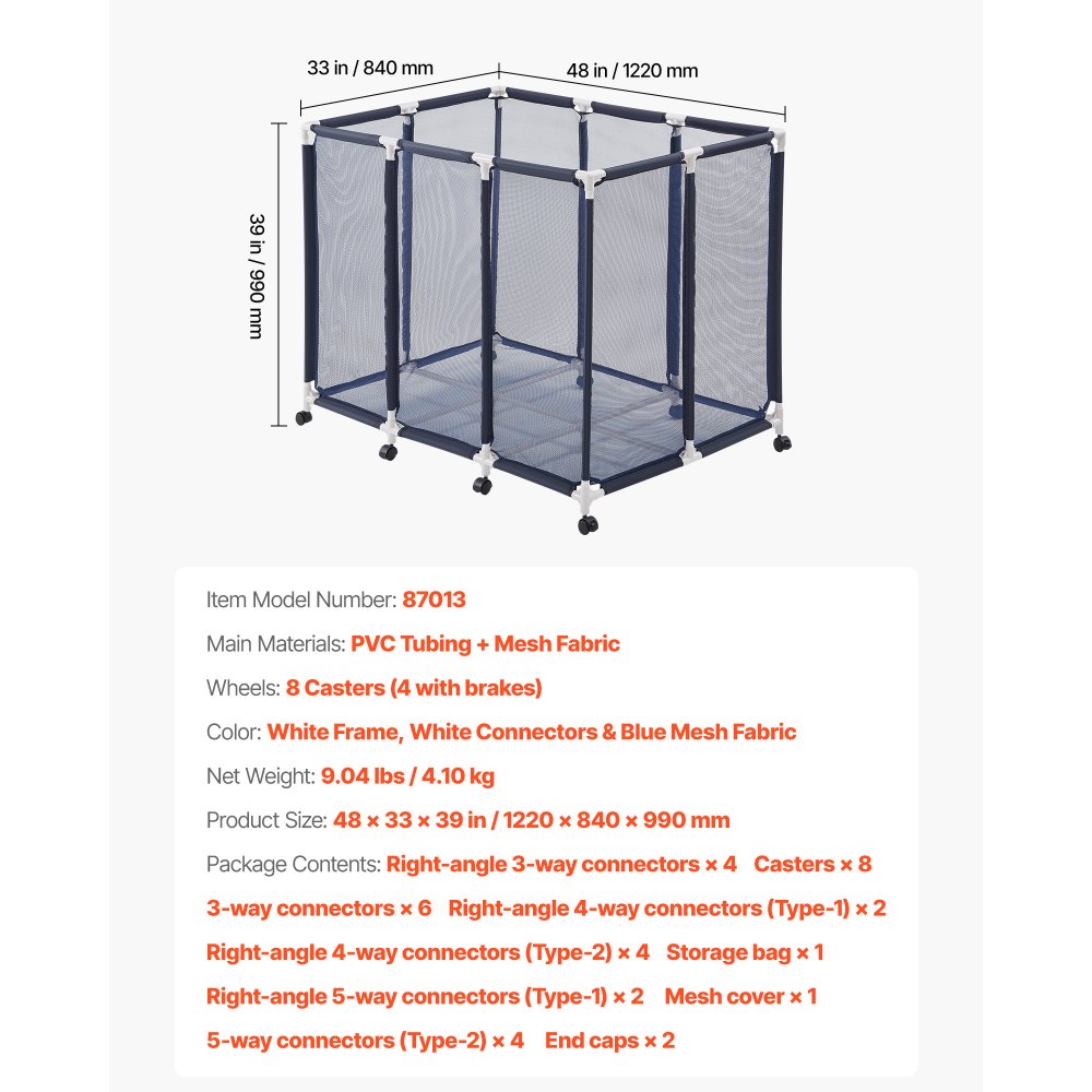 VEVOR Contenedor de Almacenamiento para Piscina, 122 x 84 x 99 cm, Organizador de Cesta de Malla, Marco Plástico, con Ruedas con Freno, Gran Capacidad para Equipos de Natación Juguetes Flotadores