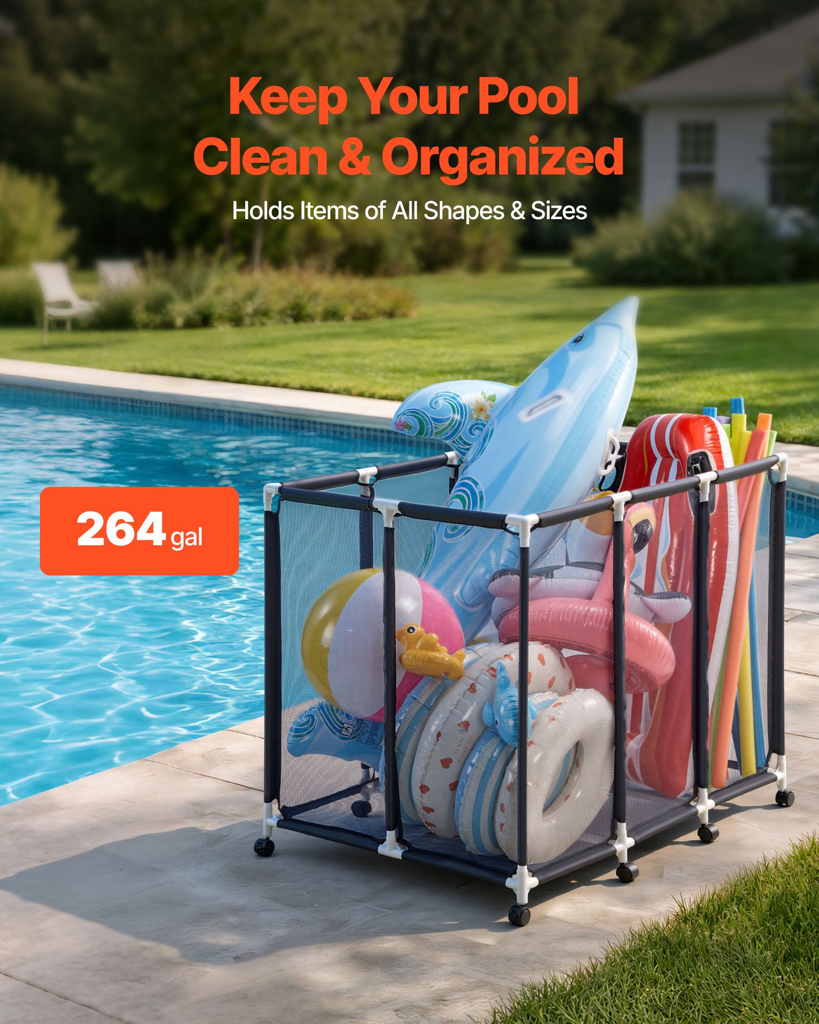 VEVOR Contenedor de Almacenamiento para Piscina, 122 x 84 x 99 cm, Organizador de Cesta de Malla, Marco Plástico, con Ruedas con Freno, Gran Capacidad para Equipos de Natación Juguetes Flotadores