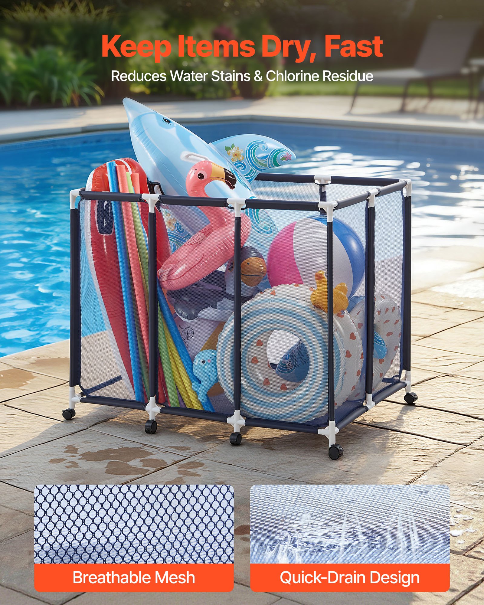 VEVOR Contenedor de Almacenamiento para Piscina, 122 x 84 x 99 cm, Organizador de Cesta de Malla, Marco Plástico, con Ruedas con Freno, Gran Capacidad para Equipos de Natación Juguetes Flotadores