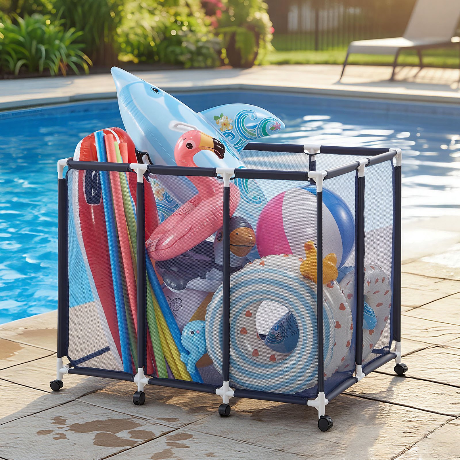VEVOR Contenedor de Almacenamiento para Piscina, 122 x 84 x 99 cm, Organizador de Cesta de Malla, Marco Plástico, con Ruedas con Freno, Gran Capacidad para Equipos de Natación Juguetes Flotadores