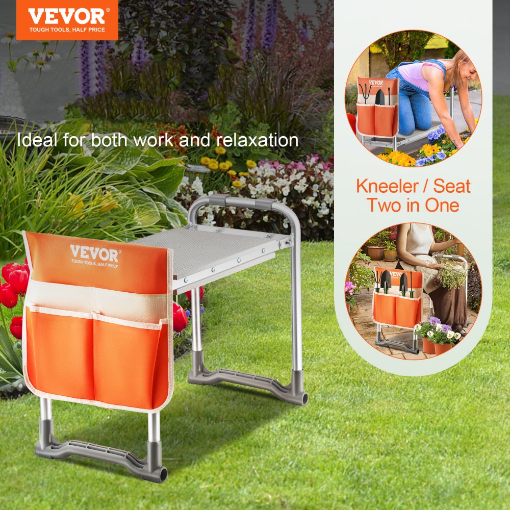VEVOR Taburete de Jardín para Rodillas, Cojín Ancho de EVA, 250 mm, Banco de Jardinería Plegable, Carga de 150 kg, Cómodo Asiento Multiusos con Bolsa de Herramientas para Jardinería, Abuelos, Ancianos