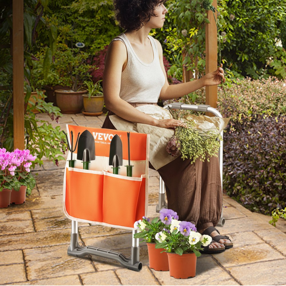 VEVOR Taburete de Jardín para Rodillas, Cojín Ancho de EVA, 250 mm, Banco de Jardinería Plegable, Carga de 150 kg, Cómodo Asiento Multiusos con Bolsa de Herramientas para Jardinería, Abuelos, Ancianos