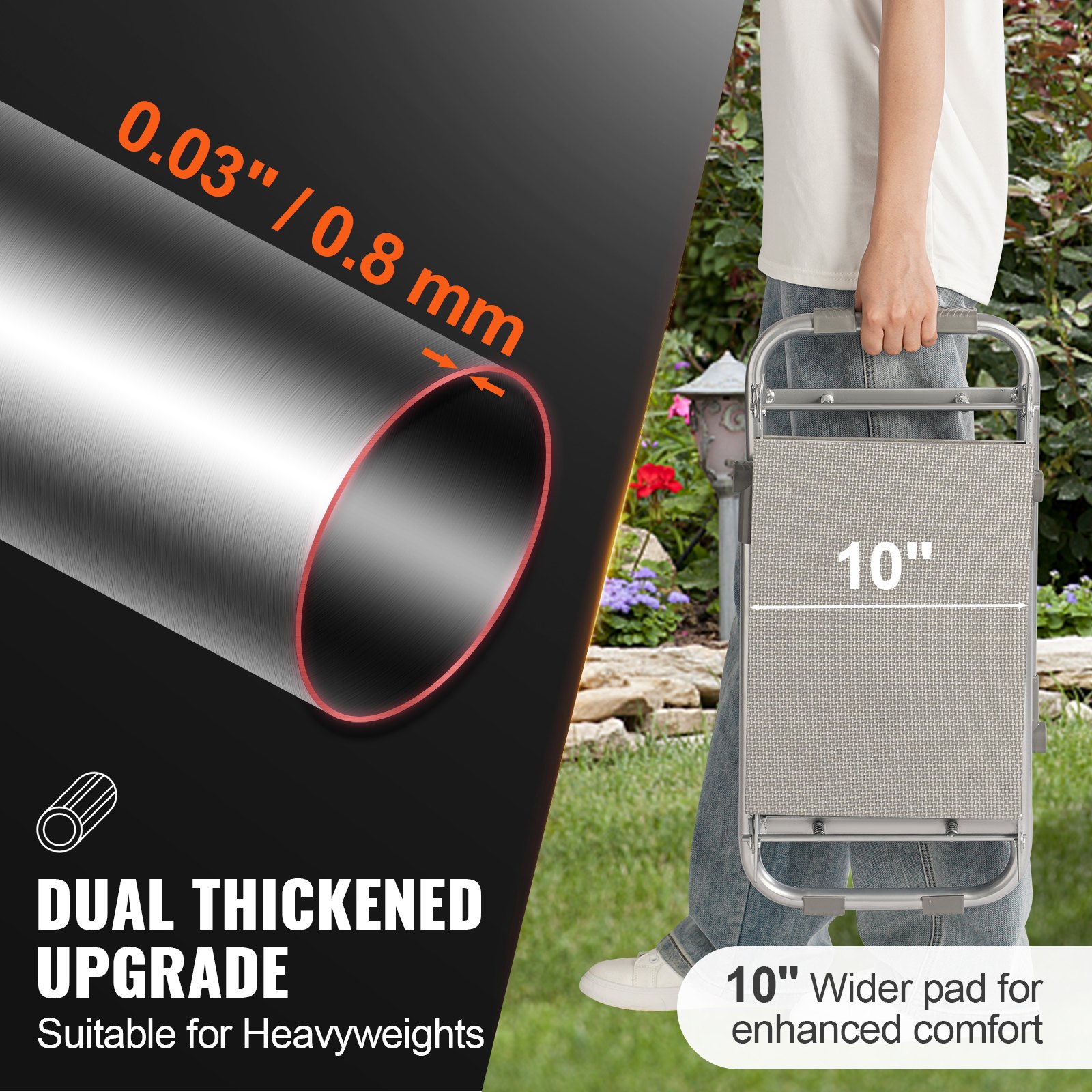 VEVOR Taburete de Jardín para Rodillas, Cojín Ancho de EVA, 250 mm, Banco de Jardinería Plegable, Carga de 150 kg, Cómodo Asiento Multiusos con Bolsa de Herramientas para Jardinería, Abuelos, Ancianos