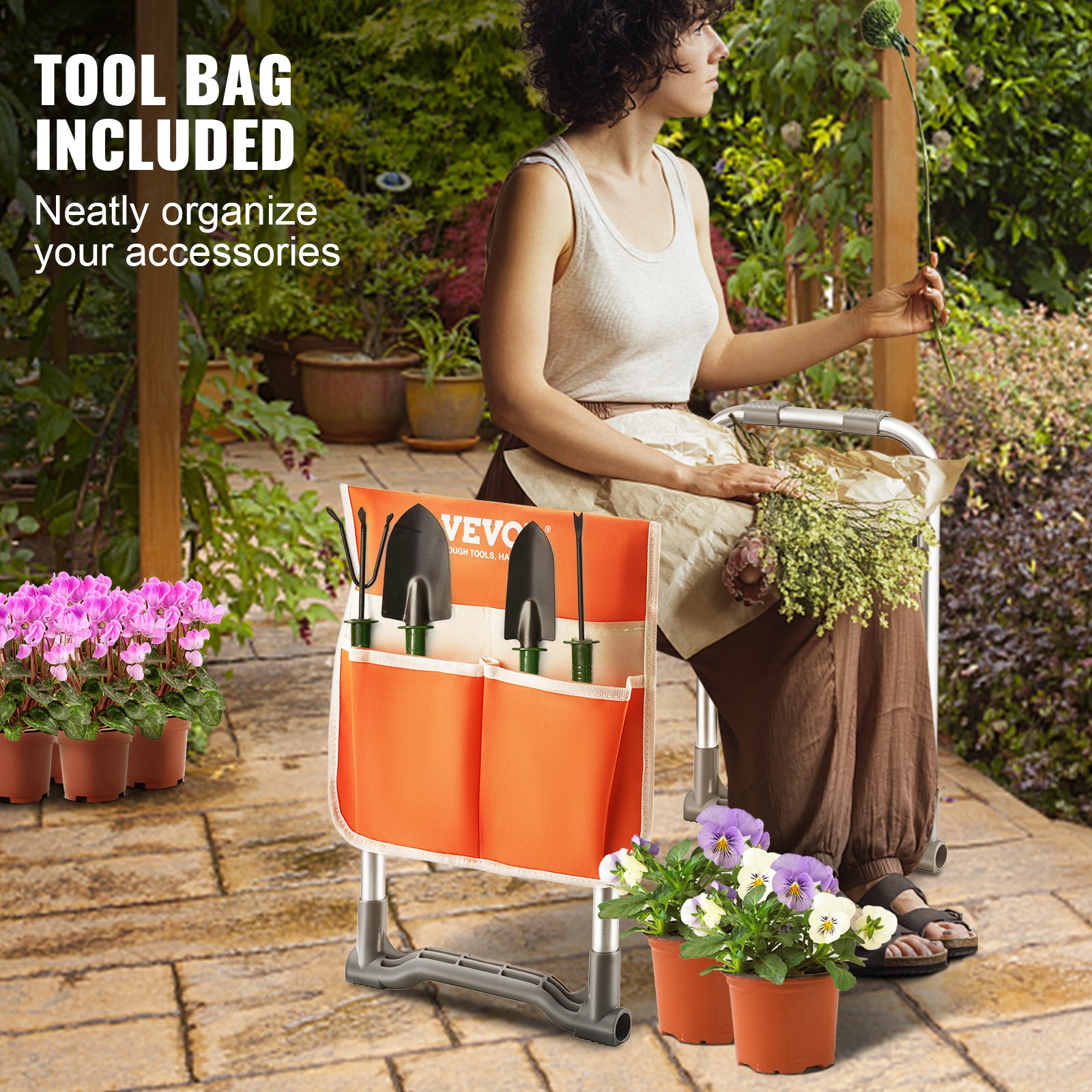 VEVOR Taburete de Jardín para Rodillas, Cojín Ancho de EVA, 250 mm, Banco de Jardinería Plegable, Carga de 150 kg, Cómodo Asiento Multiusos con Bolsa de Herramientas para Jardinería, Abuelos, Ancianos