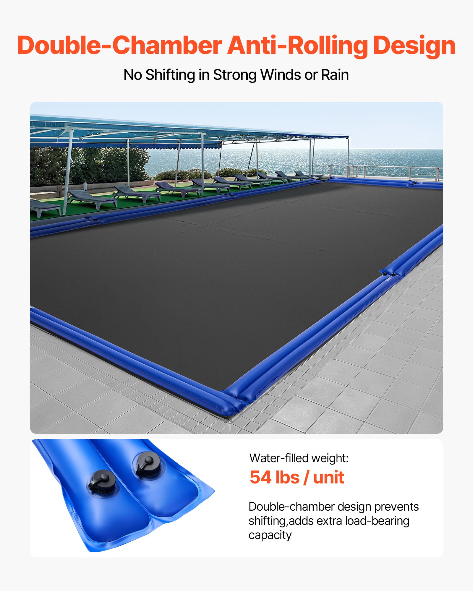 VEVOR Bolsas de Agua para Cubiertas de Piscina, 5 Piezas, 300 x 30 cm Bolsa de Tubos de Peso de Doble Cámara PVC con Tapón de Rosca Hermético para Cubierta de Piscina Enterrada de Invierno, Azul