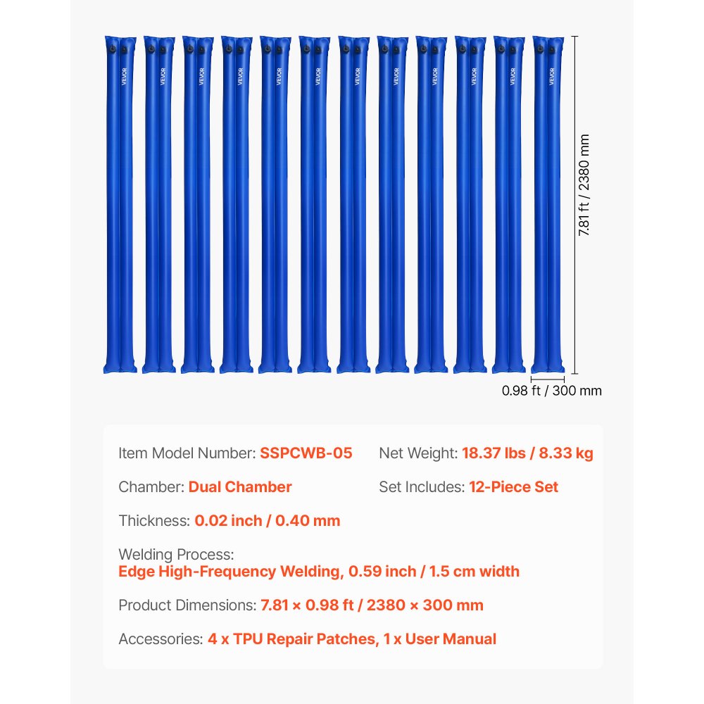 VEVOR Bolsas de Peso para Piscina, 12 Paquetes, 238 x 30 cm, 0,4 mm de Grosor, Bolsa de Tubos de Peso de PVC con Tapón de Rosca Antifugas para Asegurar la Cubierta de la Piscina en Invierno, Azul