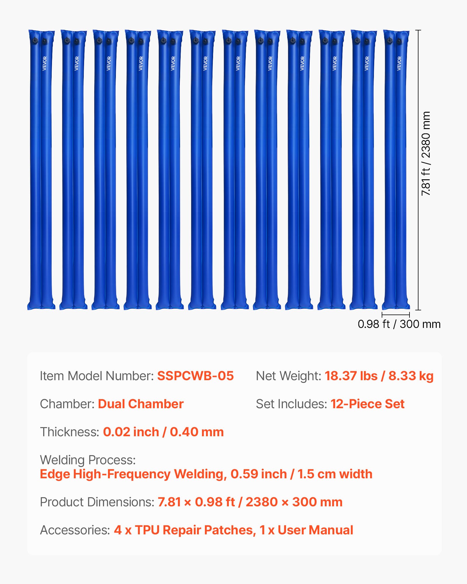 VEVOR Bolsas de Peso para Piscina, 12 Paquetes, 238 x 30 cm, 0,4 mm de Grosor, Bolsa de Tubos de Peso de PVC con Tapón de Rosca Antifugas para Asegurar la Cubierta de la Piscina en Invierno, Azul