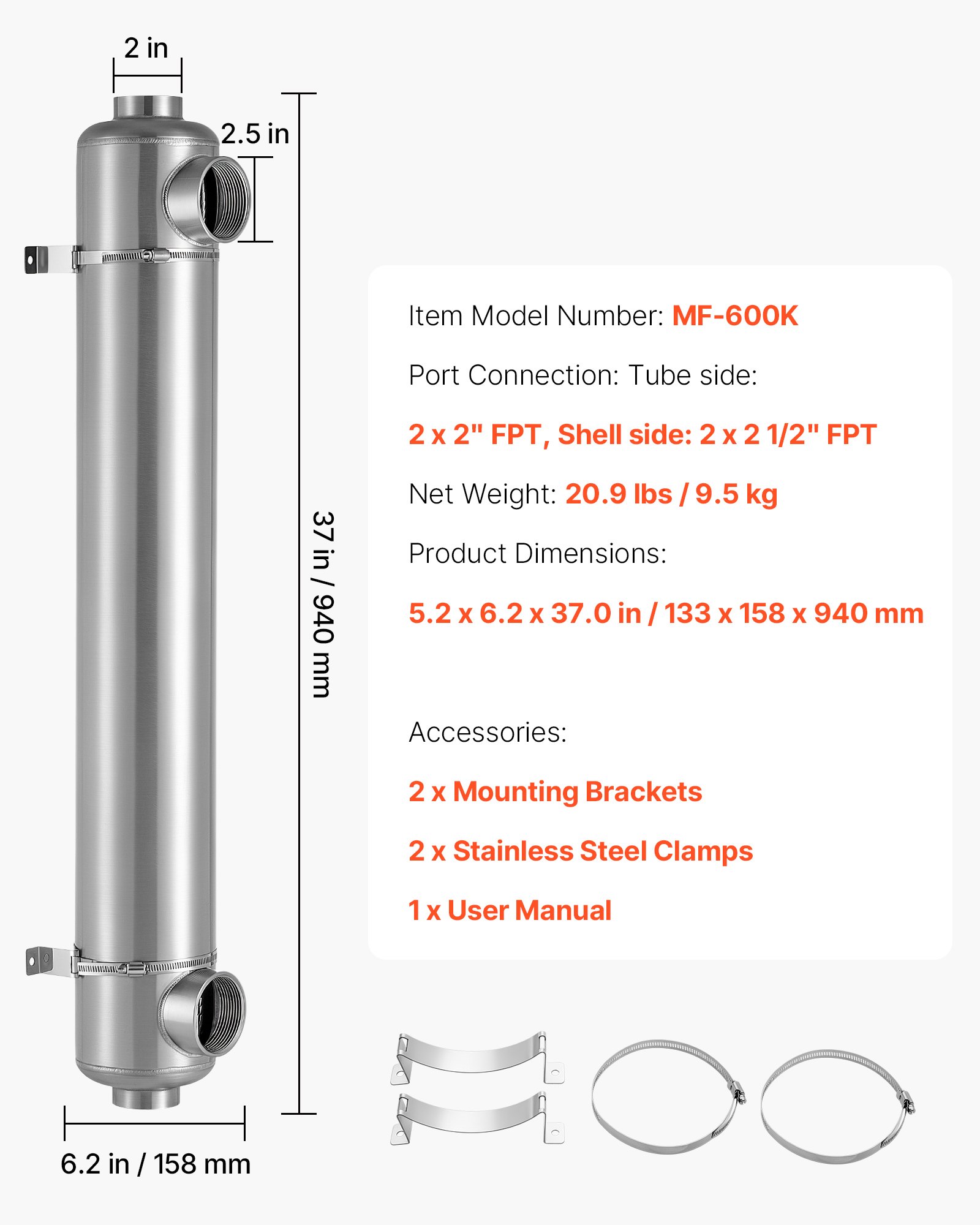 VEVOR Intercambiador de Calor para Piscina con 30 Tubos Capilares, Soportes, 600000 BTU/h, Intercambiador de Calor de Acero Inoxidable, Calentador de Piscina para Interiores y Exteriores, Spa, Jacuzzi