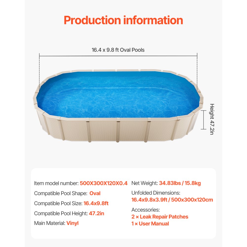 VEVOR Revestimiento para Piscina Ovalada 500x300 cm Calibre Estándar Revestimiento de Vinilo para Piscina de Altura de Pared de 120 cm Revestimiento de Repuesto para Piscinas Elevadas, Color Sólido