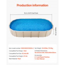 VEVOR Revestimiento para Piscina Ovalada 500x300 cm Altura de 120 cm Unicolor