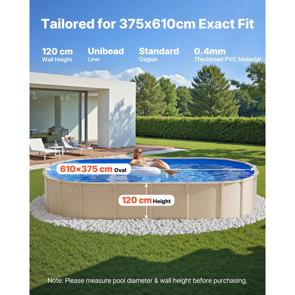 VEVOR Revestimiento para Piscina Ovalada PVC, Liner para Piscinas Elevadas Ovaladas de 375 x 610 cm, Grosor 0,4 mm, Altura de Pared 120 cm, Resistente al Desgarro, Frío y Sol para Exterior y Jardín