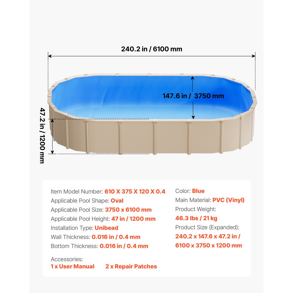 VEVOR Revestimiento para Piscina Ovalada PVC, Liner para Piscinas Elevadas Ovaladas de 375 x 610 cm, Grosor 0,4 mm, Altura de Pared 120 cm, Resistente al Desgarro, Frío y Sol para Exterior y Jardín