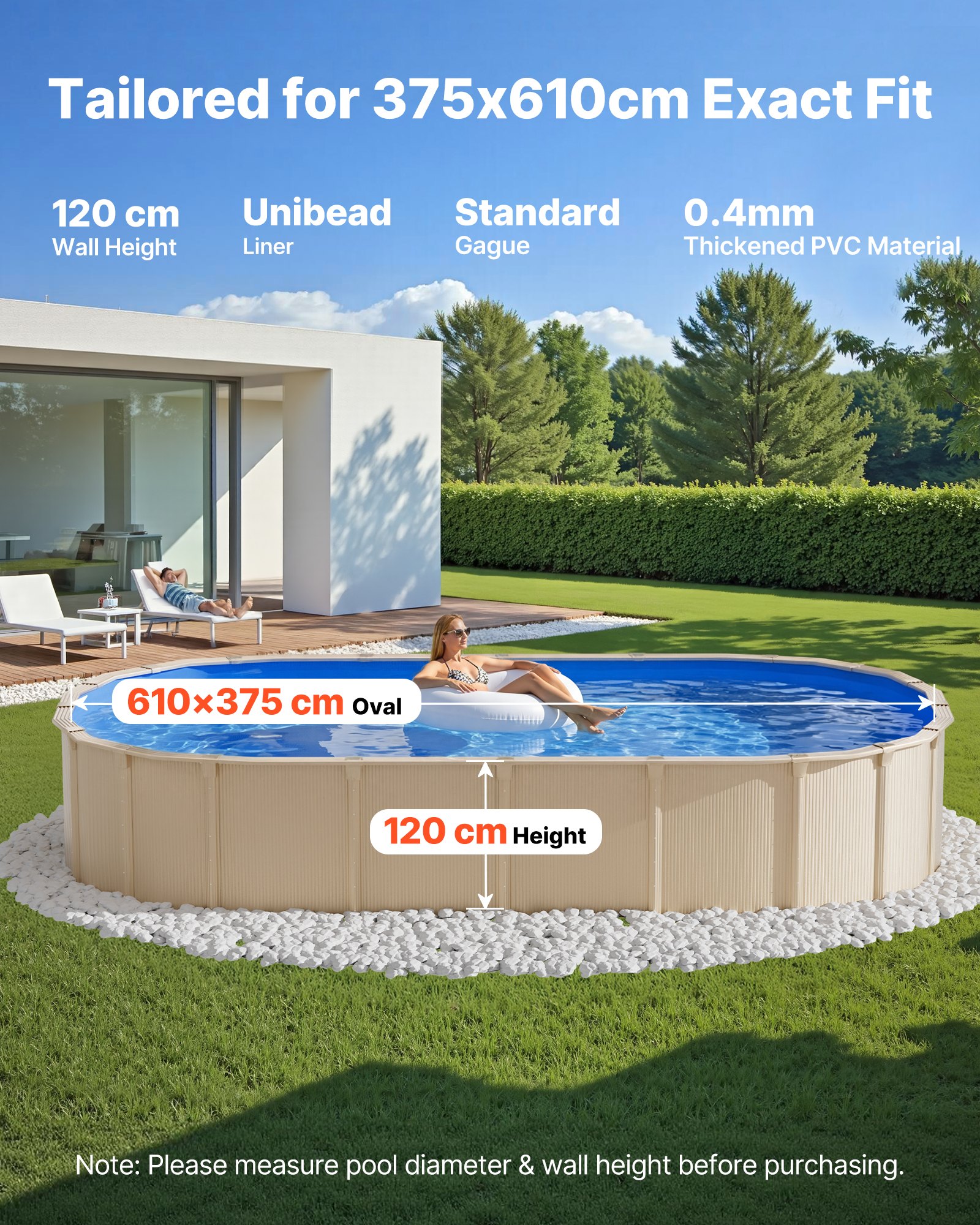 VEVOR Revestimiento para Piscina Ovalada PVC, Liner para Piscinas Elevadas Ovaladas de 375 x 610 cm, Grosor 0,4 mm, Altura de Pared 120 cm, Resistente al Desgarro, Frío y Sol para Exterior y Jardín