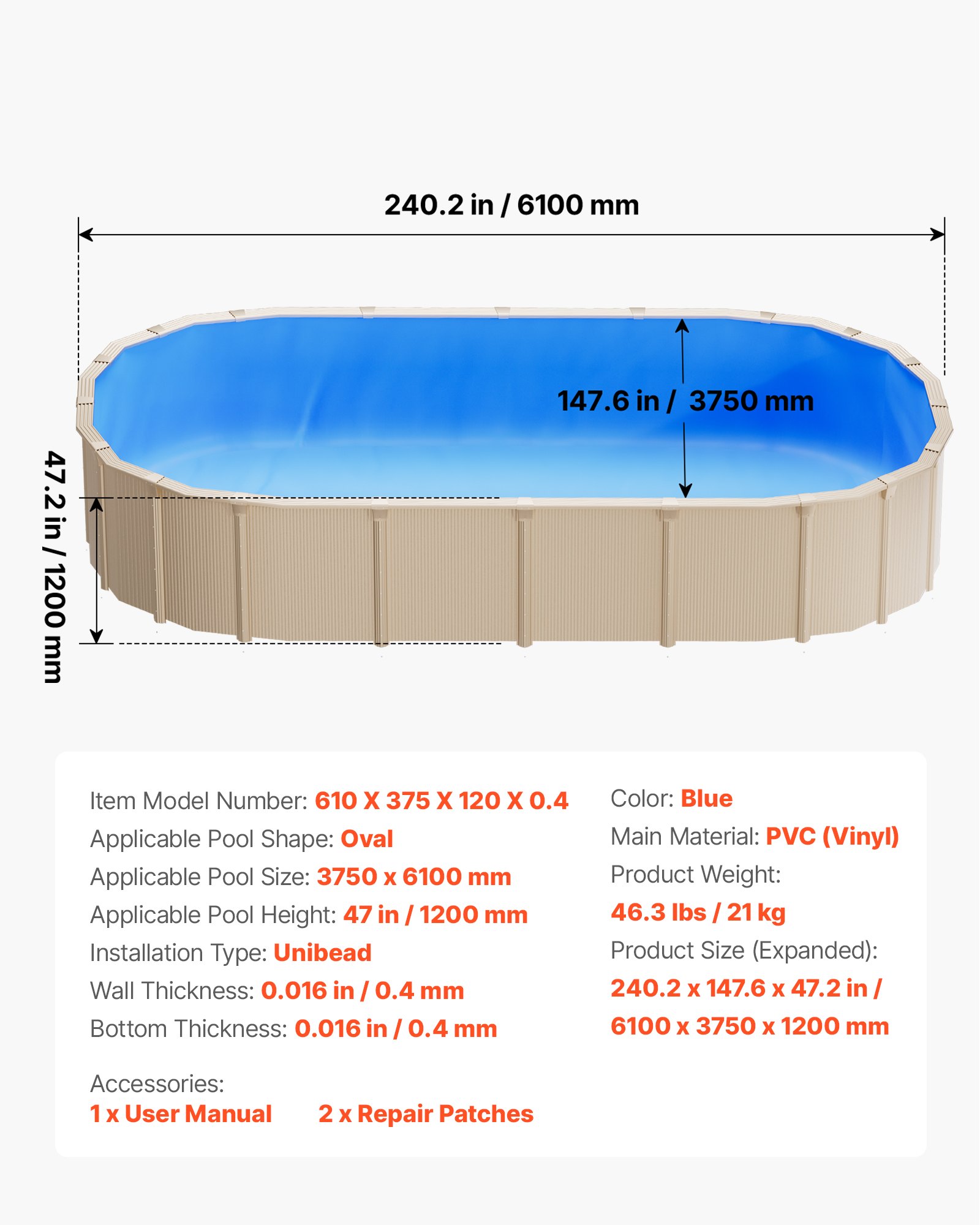 VEVOR Revestimiento para Piscina Ovalada PVC, Liner para Piscinas Elevadas Ovaladas de 375 x 610 cm, Grosor 0,4 mm, Altura de Pared 120 cm, Resistente al Desgarro, Frío y Sol para Exterior y Jardín