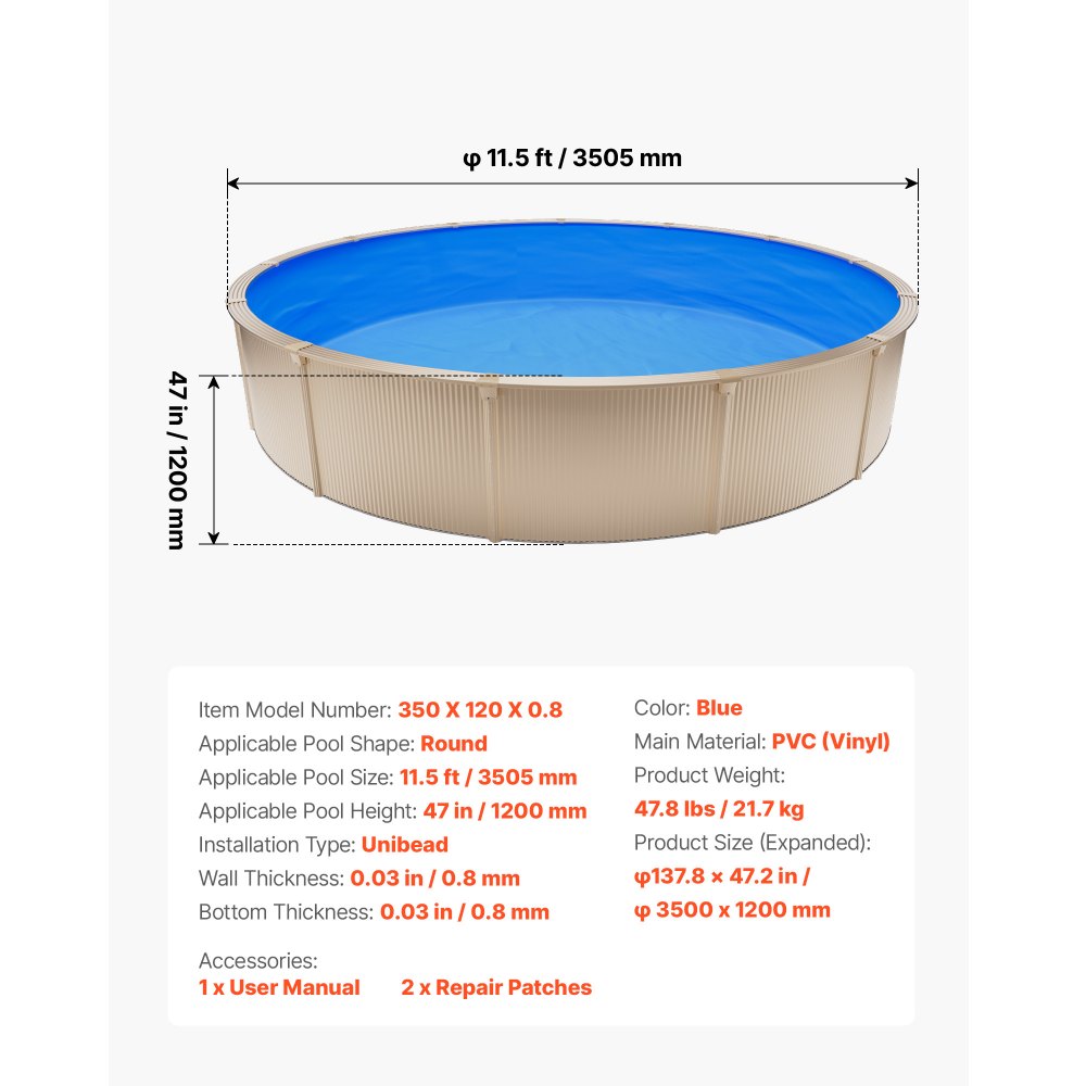 VEVOR Revestimiento para Piscina Redonda PVC, Liner para Piscinas Elevadas Redondas de Diámetro 350,5 cm, Grosor 0,8 mm, Altura de Pared 120 cm, Resistente al Desgarro, Sol y Frío para Jardín Exterior