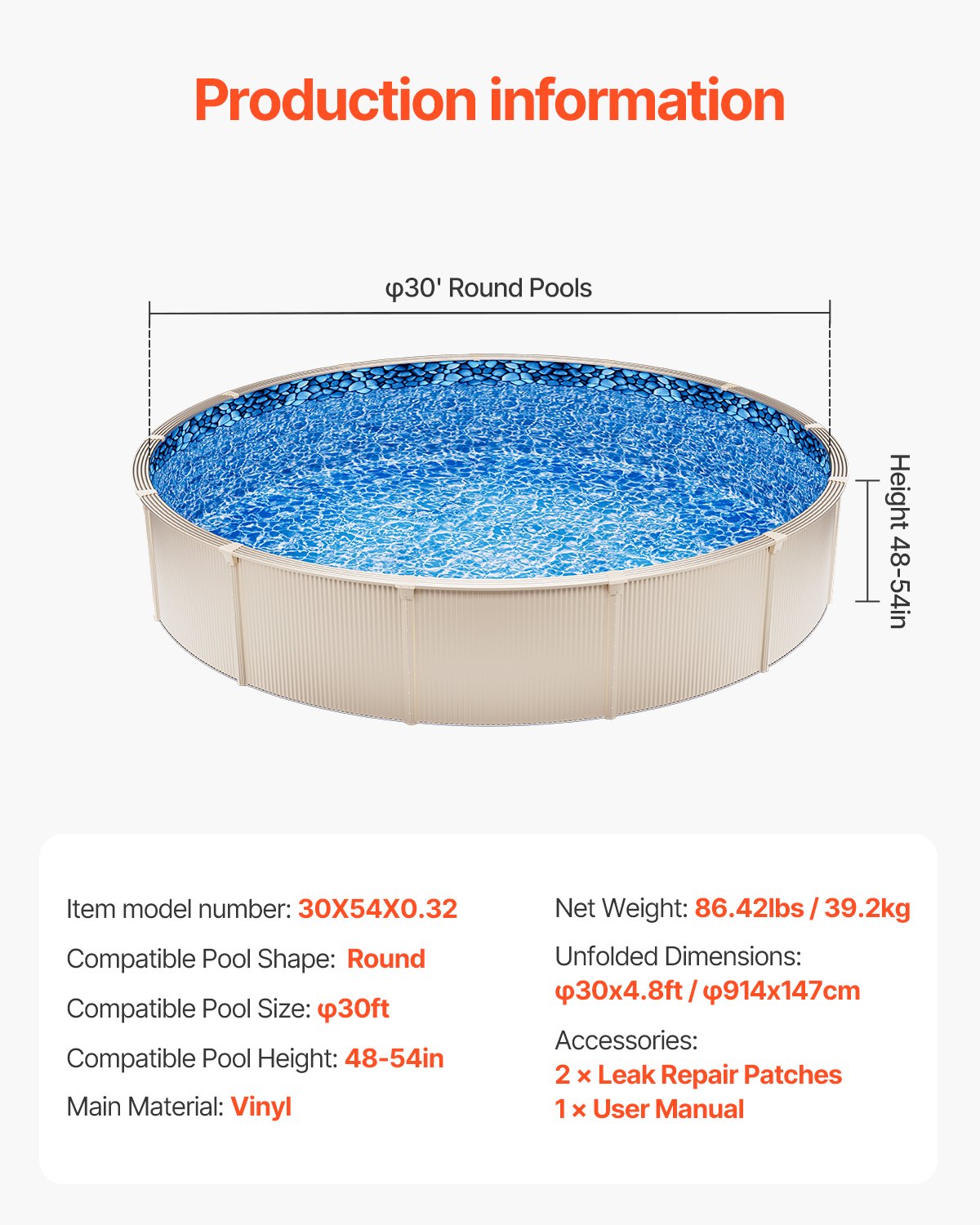 VEVOR Round Pool Liner, φ914x147 cm, Inner Liner, Replacement Liner, Inner Liner, Swimming Pool Liner, Overlap Style Vinyl Liner, Wear-Resistant, for Above Ground Pools with 137 cm Wall Height