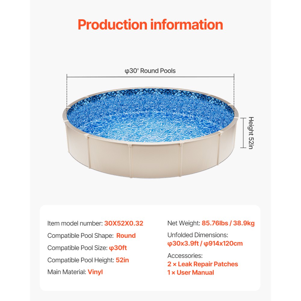 VEVOR Revestimiento para Piscina Elevada 914 cm Forma Redonda Cubierta para Piscinas de Vinilo Altura de Pared 132,1 cm Resistente al Desgarro con Lados de Acero Fácil instalación para Patio Jardín