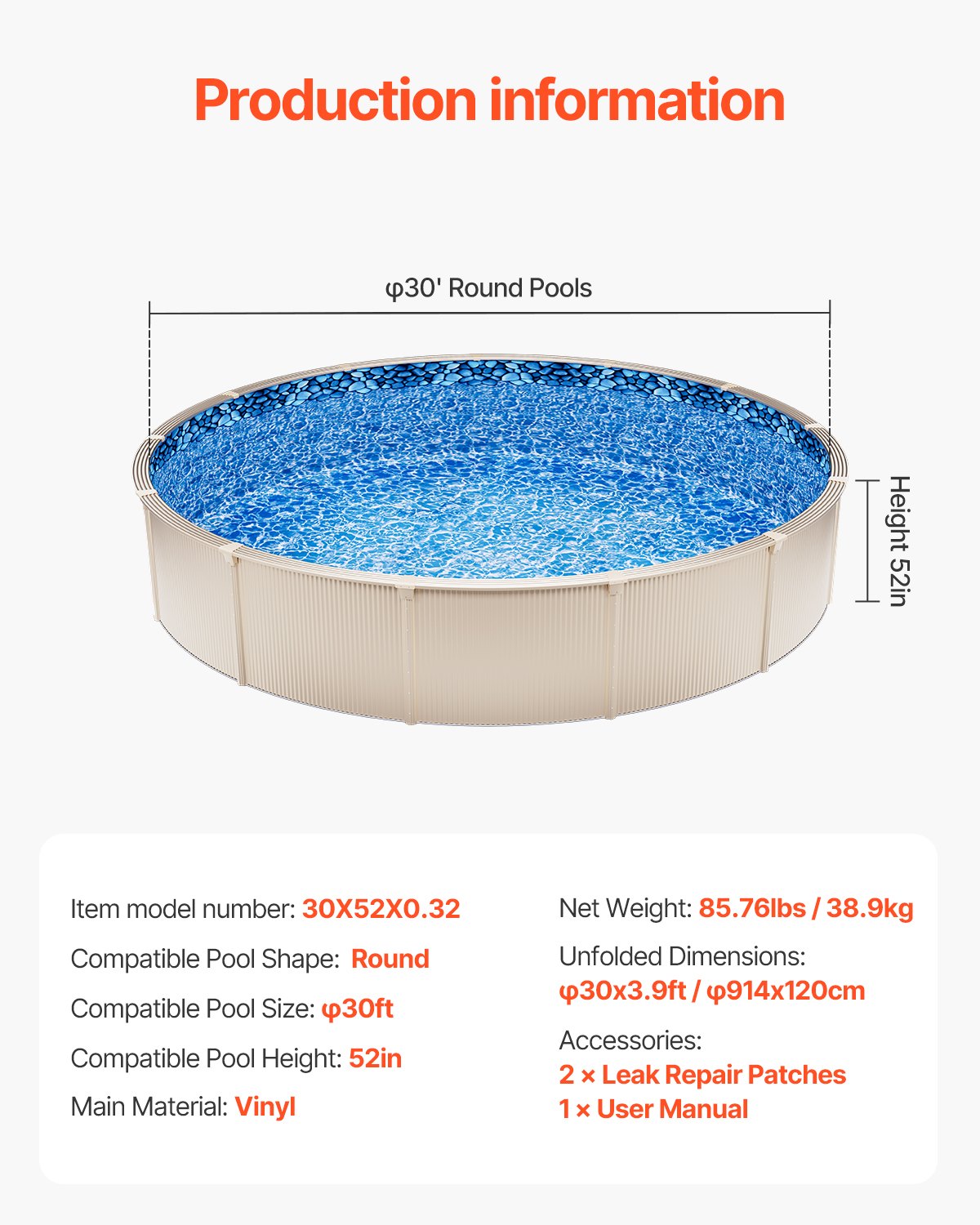 VEVOR Revestimiento para Piscina Elevada 914 cm Forma Redonda Cubierta para Piscinas de Vinilo Altura de Pared 132,1 cm Resistente al Desgarro con Lados de Acero Fácil instalación para Patio Jardín