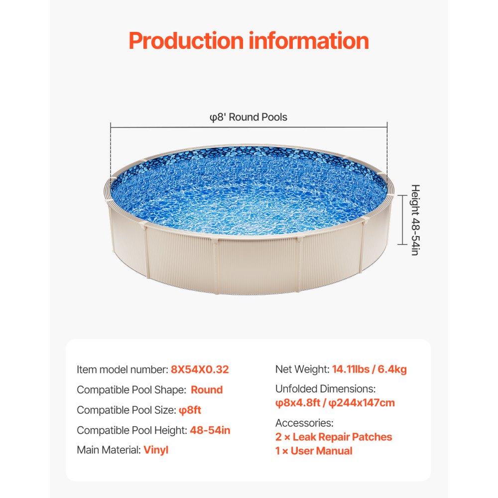 VEVOR Revestimiento para Piscina Elevada 244 cm Redonda Cubierta para Piscinas Superpuestos Vinilo de Calibre Estándar Altura de Pared 122-137 cm Diseñado para Piscinas Elevadas con Lados de Acero