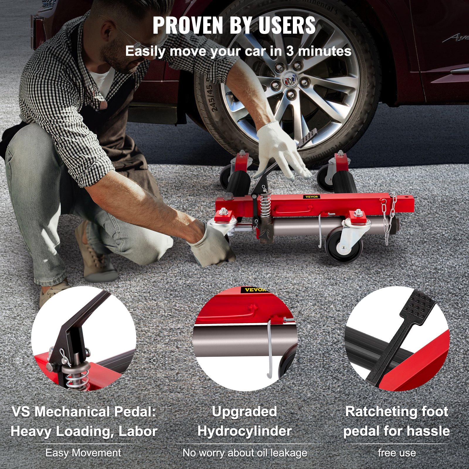 VEVOR Carrito para Desplazar Coches con Capacidad Total de 680 kg Carro Hidráulico de Neumáticas 1 Pieza Carrito de Montaje de Ruedas de Acero, Wheel Dolly para Tiendas Garajes y Salas de Exhibición