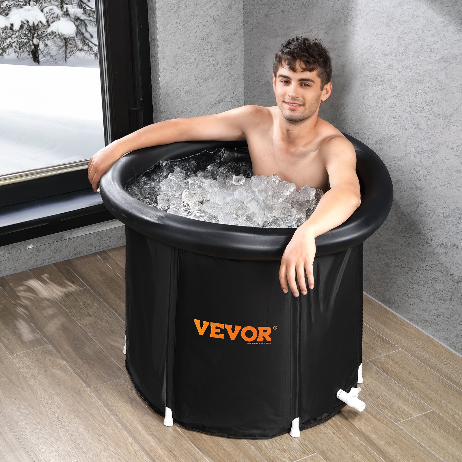 VEVOR Bañera de Hielo de 850 x 750 mm para Terapia de Agua Fría para Deportistas, Piscina de Inmersión Portátil para Exteriores con Barril de Hielo para Recuperación, 398 L con Cubierta, Negro