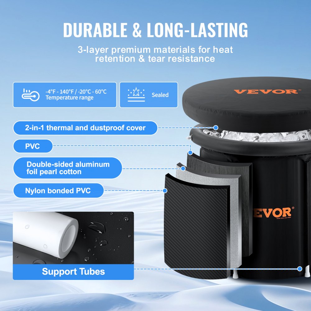 VEVOR Ice Bath, 90 cm long plunge pool for cold water therapy for athletes, portable outdoor ice barrel plunge pool for recreation, 370 l inflatable folding bathtub with cover, home ice capsule for adults