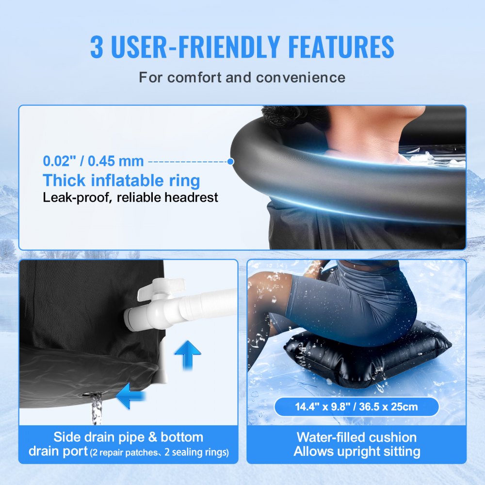 VEVOR - Bañera de hielo de 90 cm de largo para terapia de agua fría para deportistas, piscina de inmersión portátil para exteriores con barril de hielo para recuperación, bañera plegable inflable de 370 l con cubierta, cápsula de hielo para el hogar para adultos