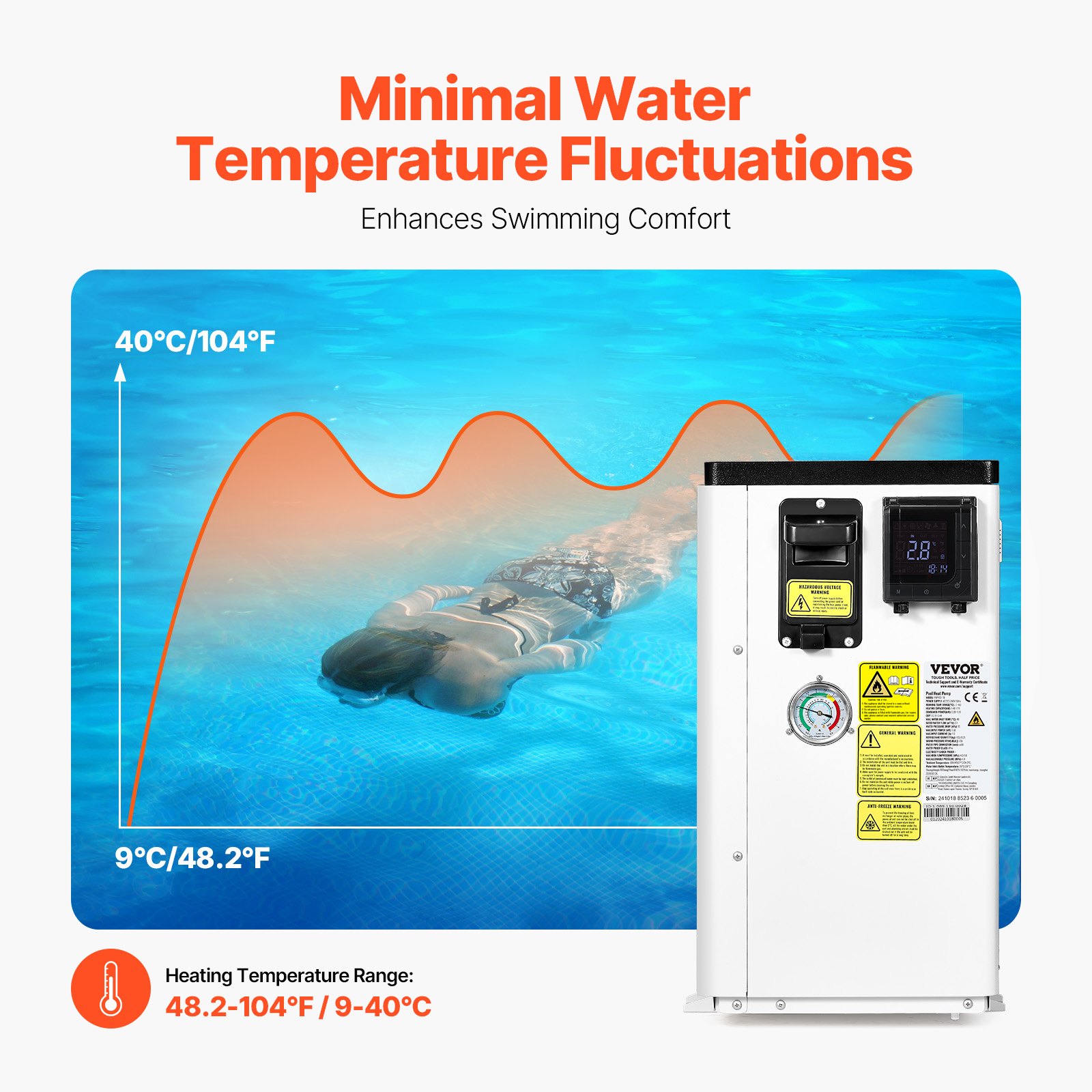 VEVOR Electric Pool Heat Pump, 1.48-7.11 kW Heating Capacity, Energy-Saving Variable Frequency Pool Heaters for 15-30 m³ Above Ground Pools, Heating and Cooling Pool Water Heater