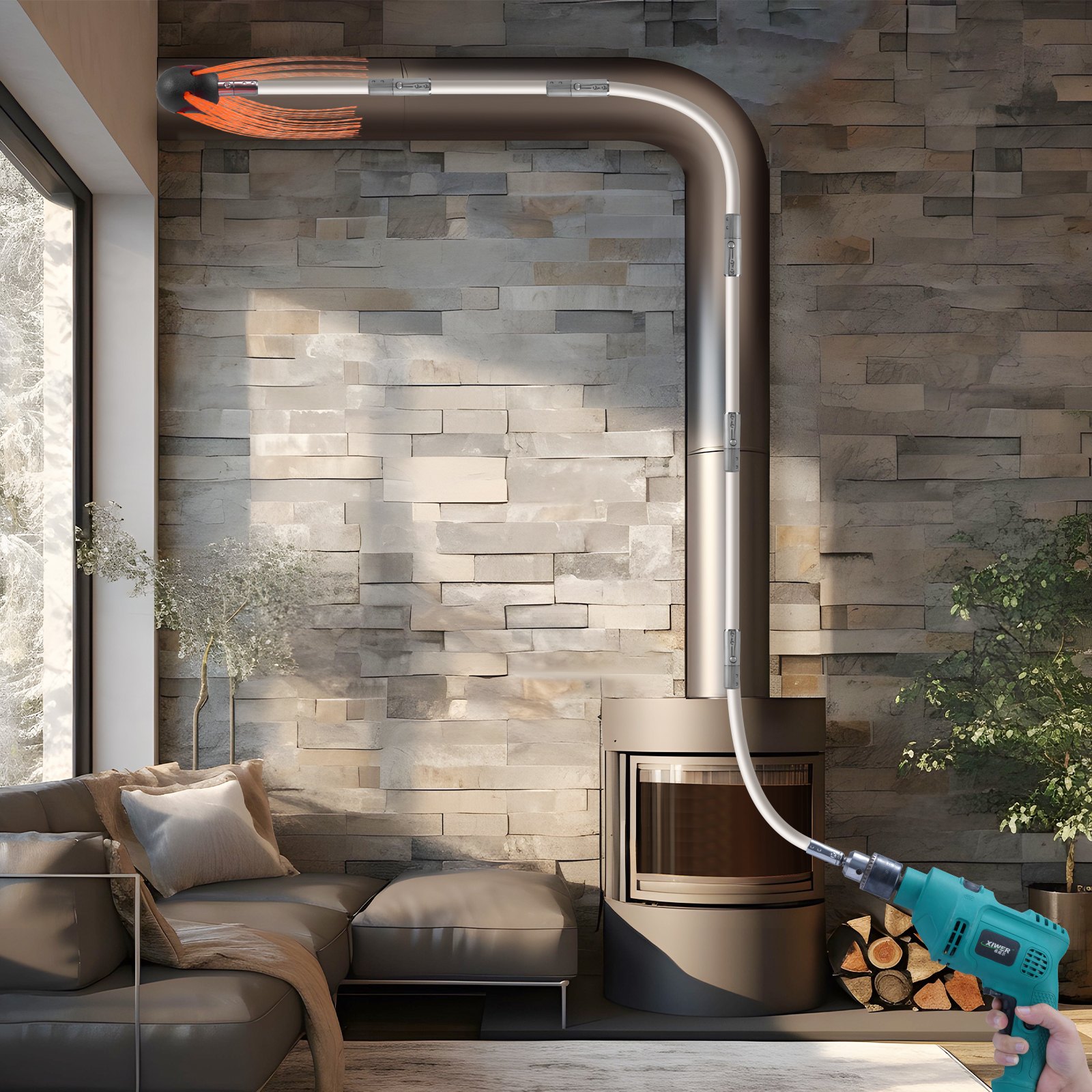 Sala de estar moderna con un kit deshollinador VEVOR conectado a una chimenea, equipado con taladro.