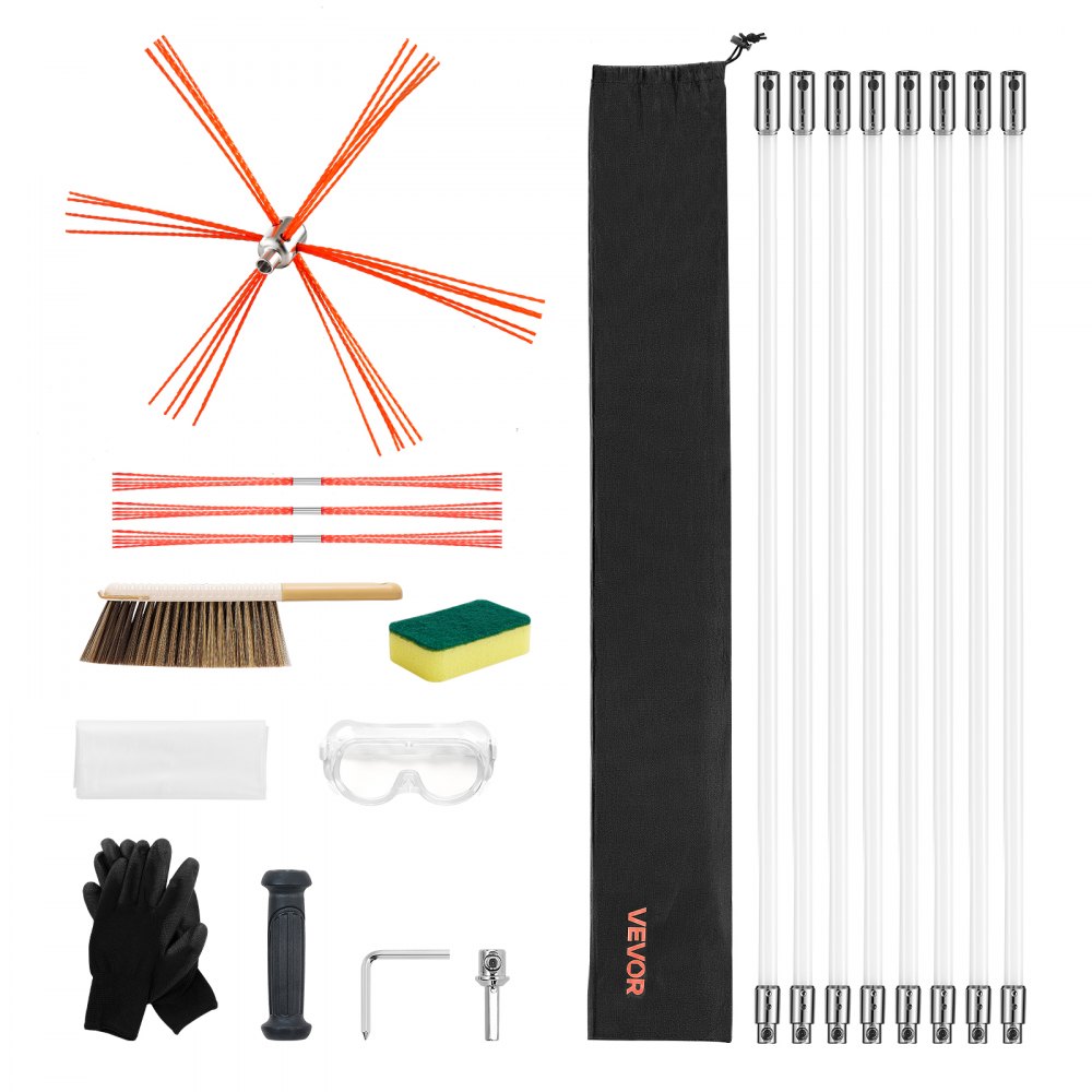 VEVOR Kit de Cepillo Limpieza de Chimenea, 8 m Varilla Flexible de Nylon, 3 Recambios de Cerdas, Guantes, Gafas, Bolsa, Deshollinador Flexible a 90° para Chimeneas Cuadradas, Rectangulares y Arqueadas