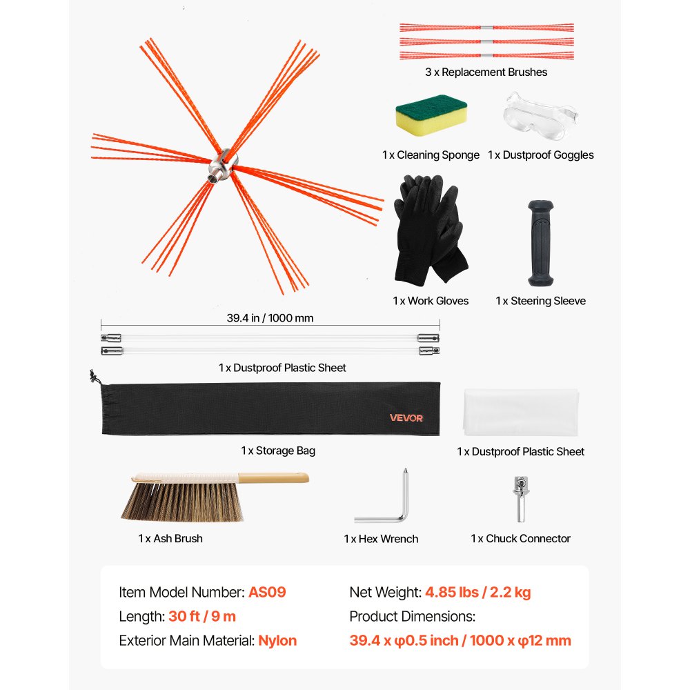 VEVOR Juego de Cepillos para Tubos de Estufa, Longitud Máxima 9 m, Nailon, Juego de Deshollinador, Herramienta de Limpieza de Chimeneas Flexible de 90°, para Chimeneas Cuadradas y Rectangulares