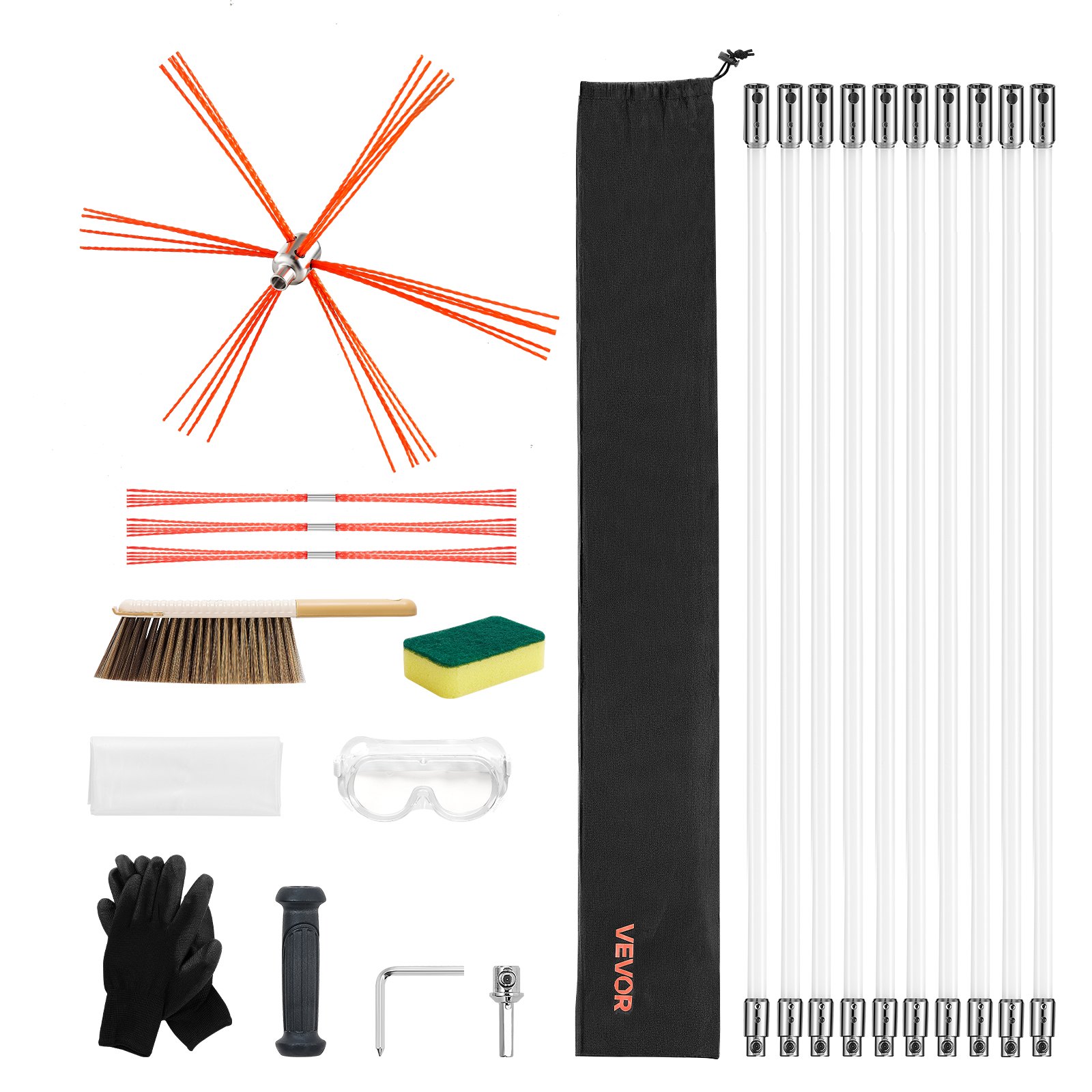 VEVOR Kit de Cepillo Limpieza de Chimenea, 10 m Varilla Flexible de Nylon, 3 Recambios de Cerdas, Guantes, Gafas, Bolsa, Deshollinador Flexible a 90° para Chimeneas Cuadradas Rectangulares y Arqueadas