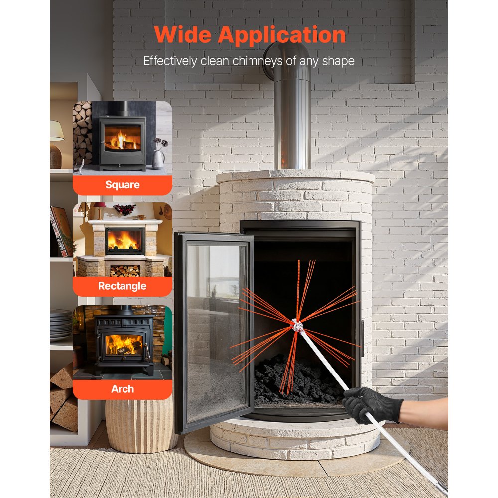 VEVOR Kit de Cepillo Limpieza de Chimenea, 12 m Varilla Flexible de Nylon, 3 Recambios de Cerdas, Guantes, Gafas, Bolsa, Deshollinador Flexible a 90° para Chimeneas Cuadradas Rectangulares y Arqueadas