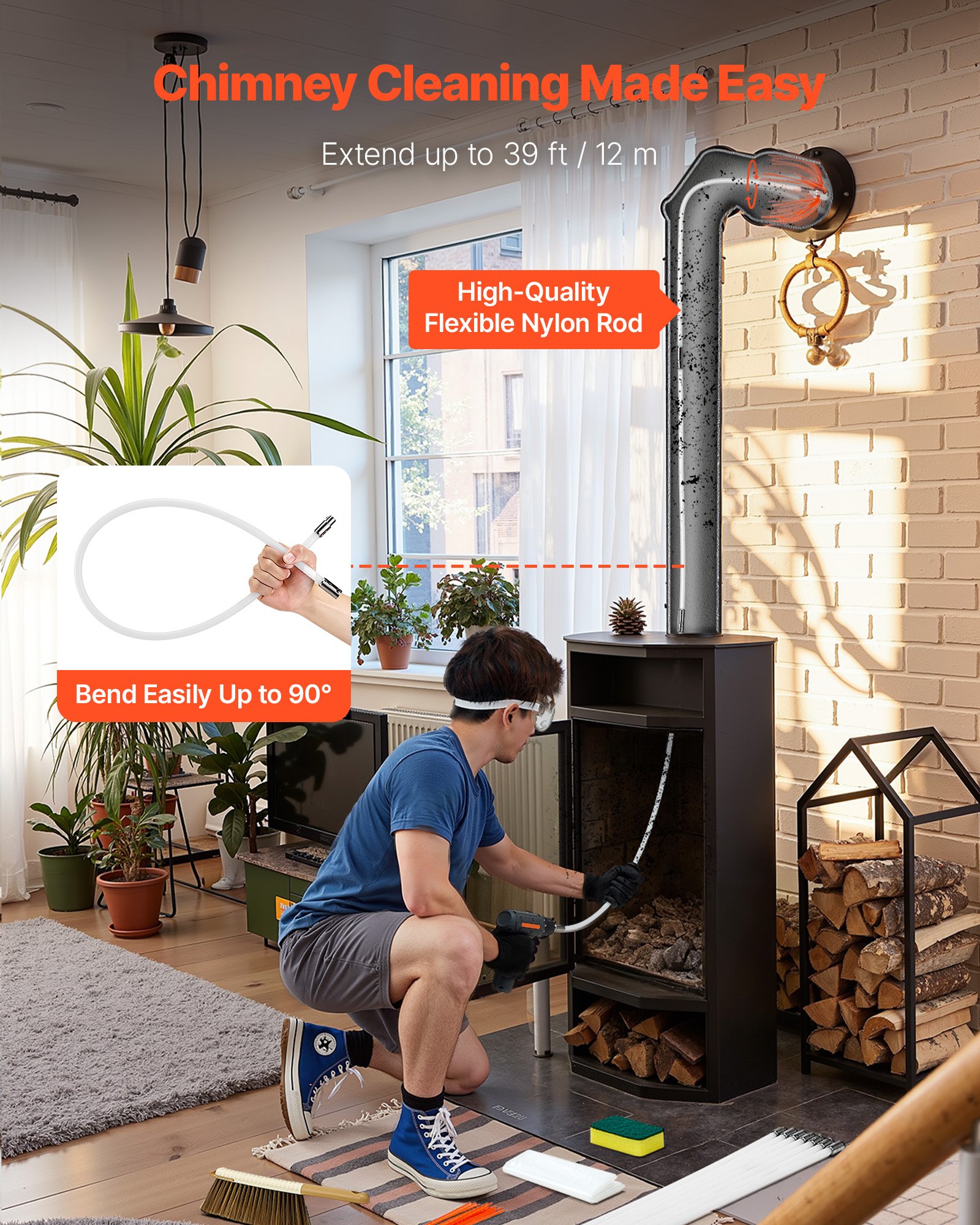 VEVOR Kit de Cepillo Limpieza de Chimenea, 12 m Varilla Flexible de Nylon, 3 Recambios de Cerdas, Guantes, Gafas, Bolsa, Deshollinador Flexible a 90° para Chimeneas Cuadradas Rectangulares y Arqueadas