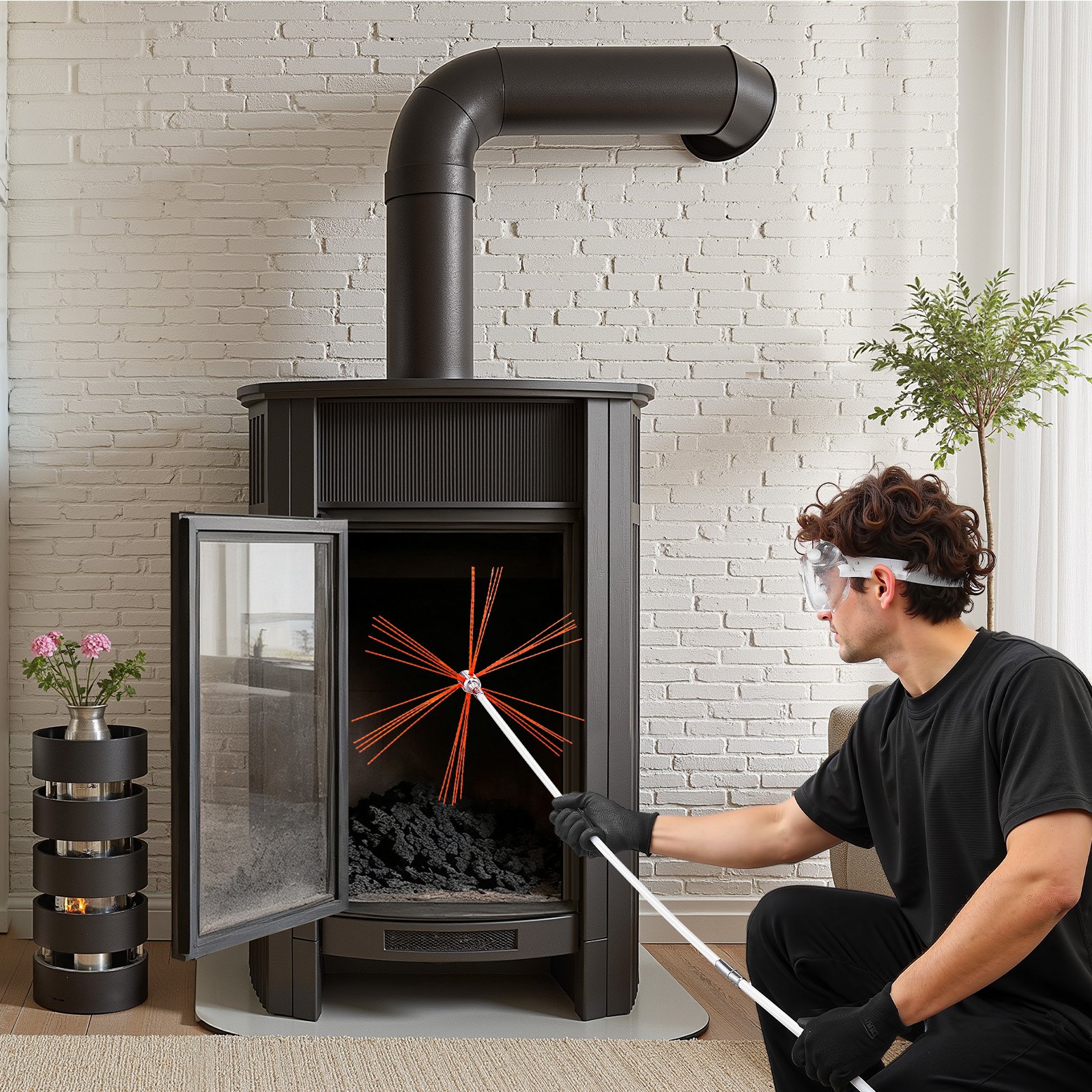 VEVOR Kit de Cepillo Limpieza de Chimenea, 12 m Varilla Flexible de Nylon, 3 Recambios de Cerdas, Guantes, Gafas, Bolsa, Deshollinador Flexible a 90° para Chimeneas Cuadradas Rectangulares y Arqueadas