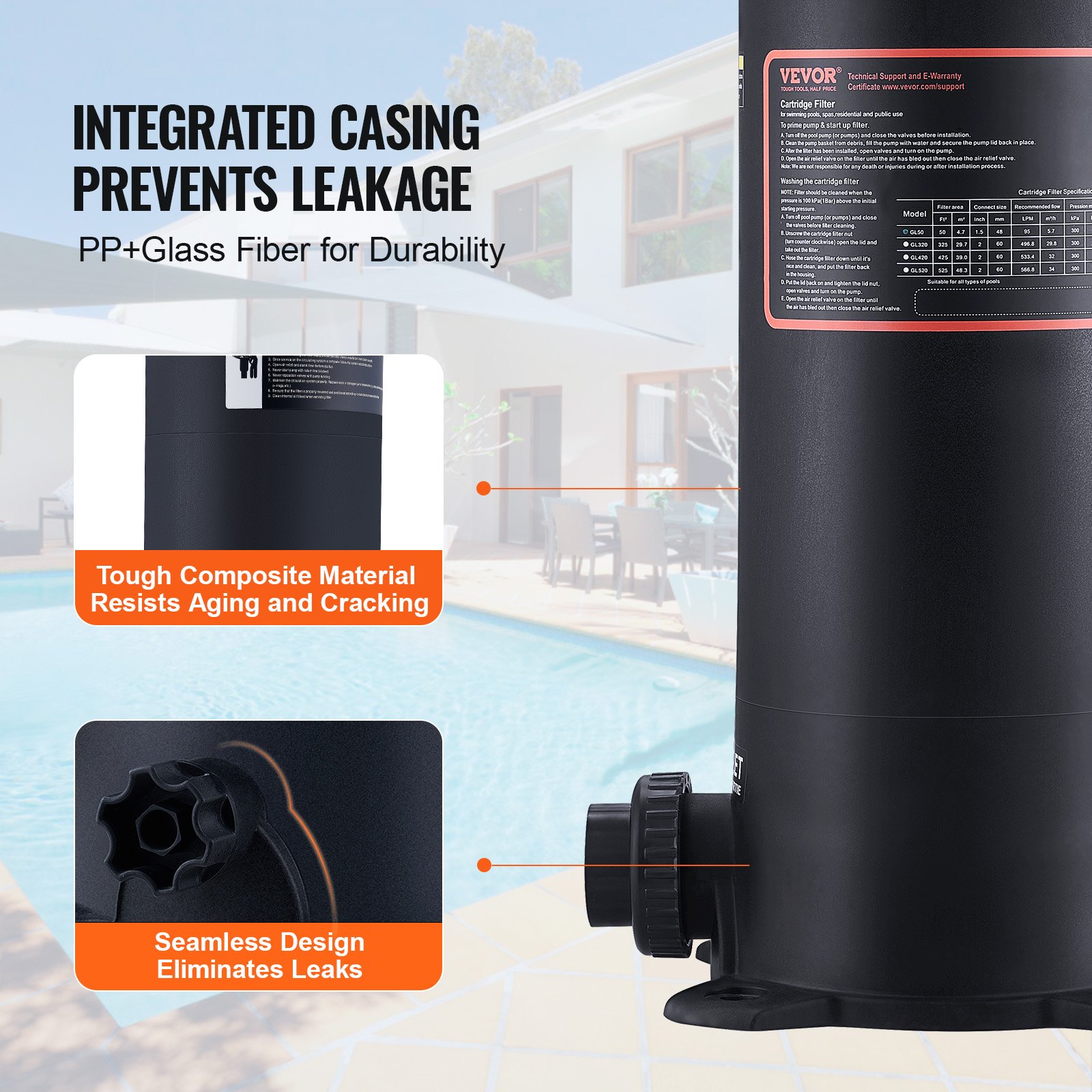 VEVOR Filtro de cartucho para piscina Filtración de piscina dentro/sobre el suelo 50 pies cuadrados