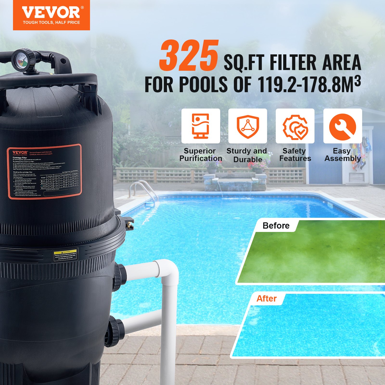 VEVOR cartridge pool filter, 30 m² filter area, built-in pool filter, above-ground swimming pool filtration system with upgraded filter and leak-proof, for hot tubs, spas, inflatable pools